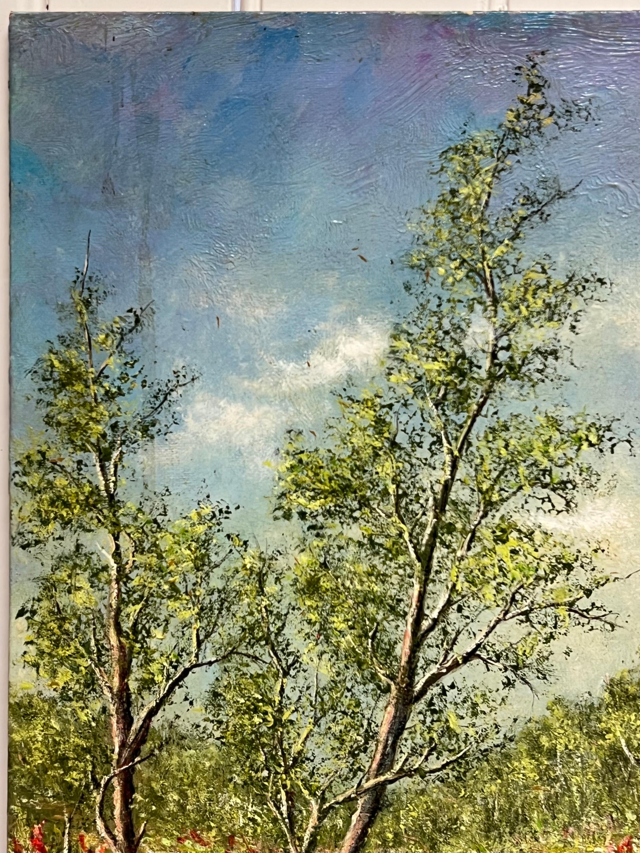 Peinture à l'huile : traces de champs jaune d'or avec fleurs de peigne indien en train de germer en vente 1