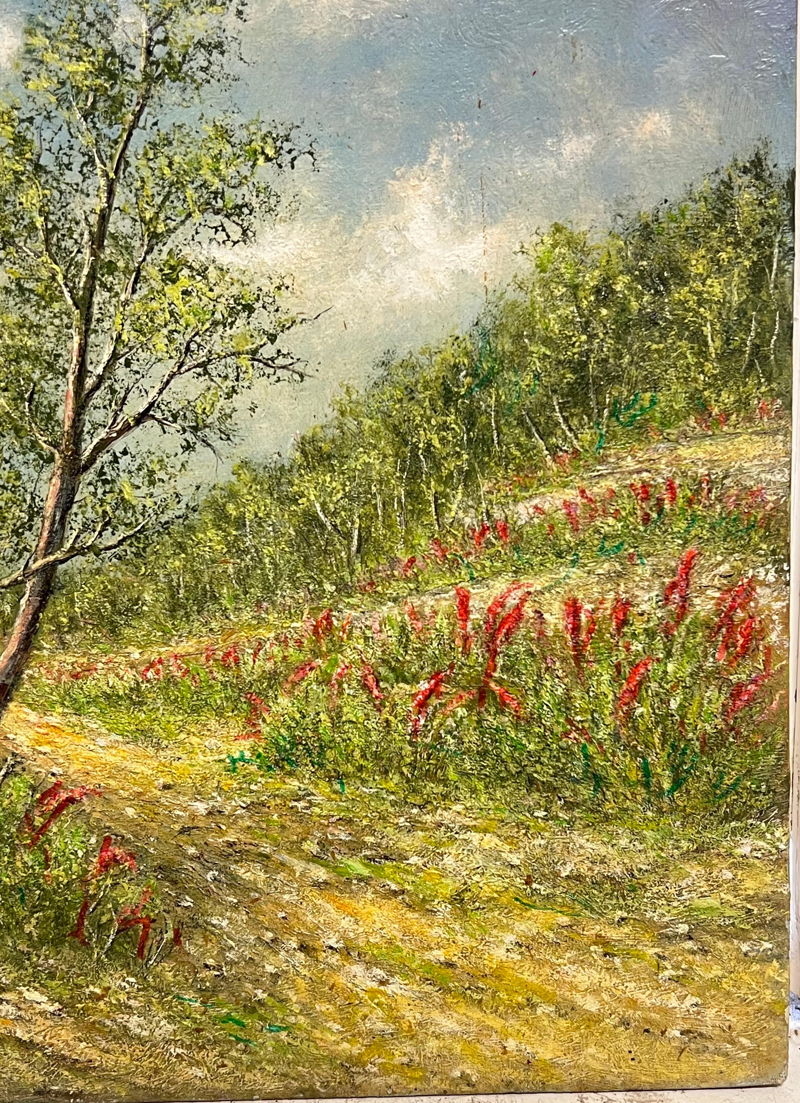 Peinture à l'huile : traces de champs jaune d'or avec fleurs de peigne indien en train de germer en vente 3