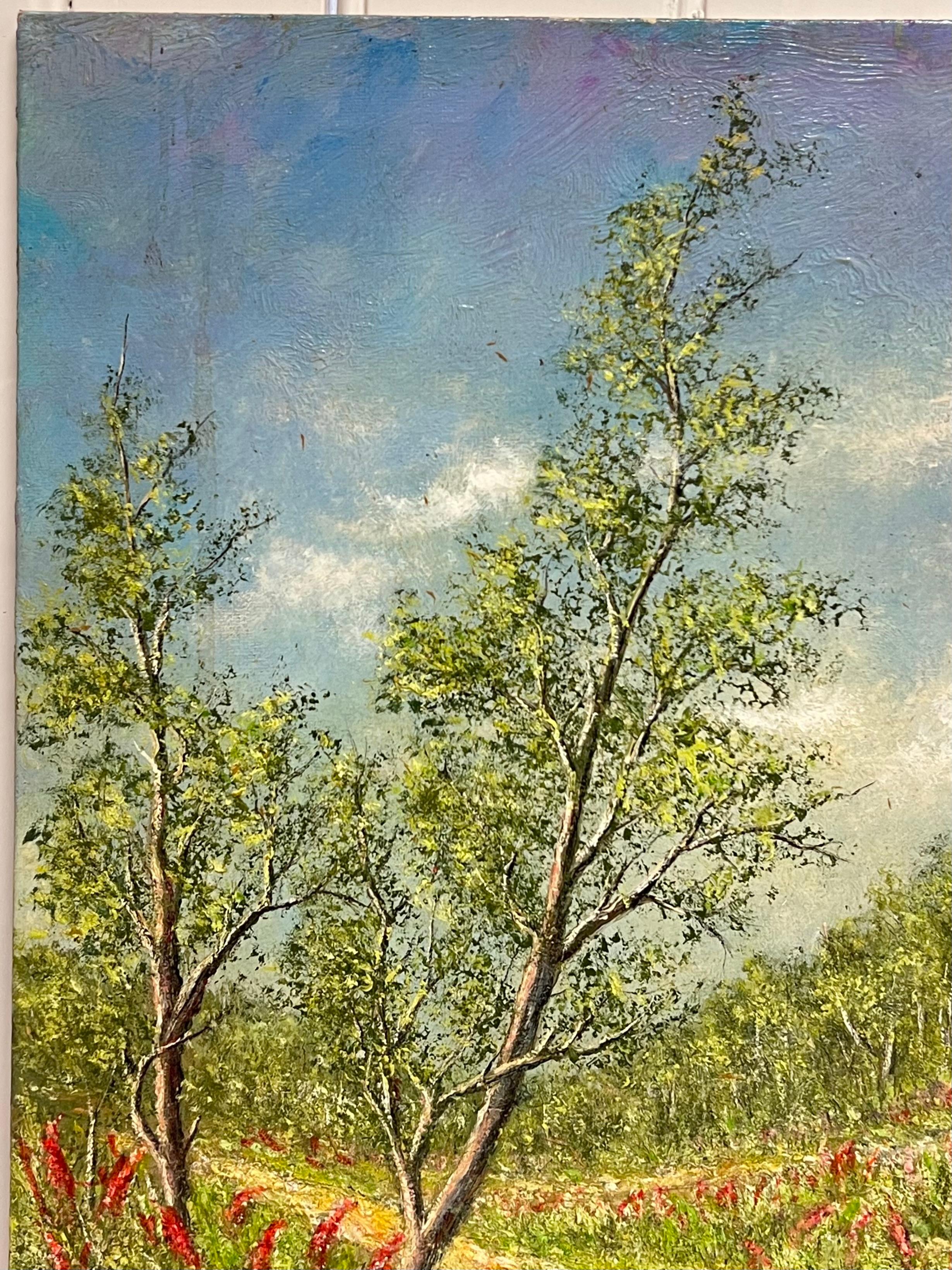 Peinture à l'huile : traces de champs jaune d'or avec fleurs de peigne indien en train de germer en vente 4