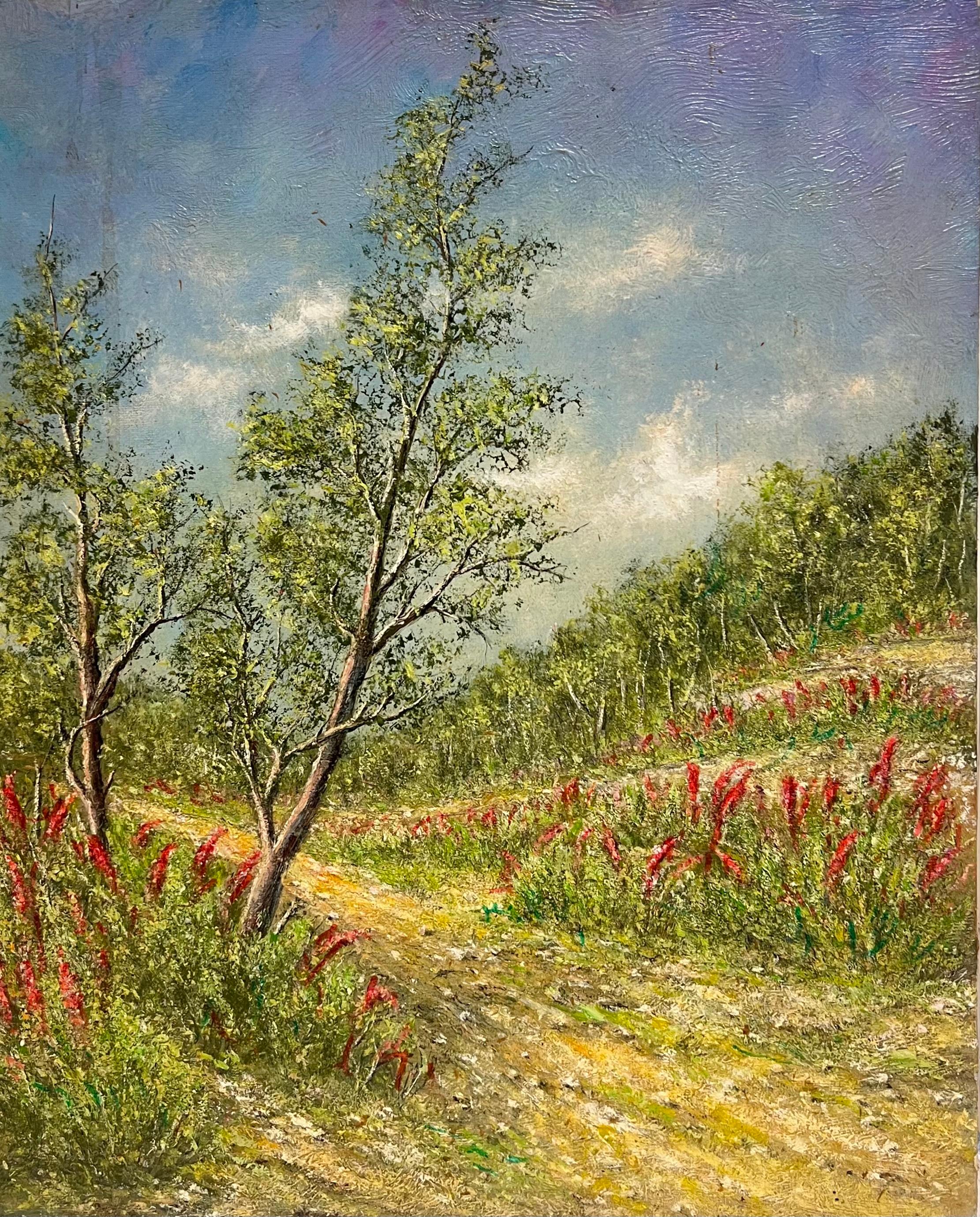 Landscape Painting Jean Fourie - Peinture à l'huile : traces de champs jaune d'or avec fleurs de peigne indien en train de germer