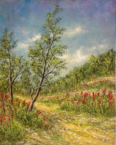 Peinture à l'huile : traces de champs jaune d'or avec fleurs de peigne indien en train de germer