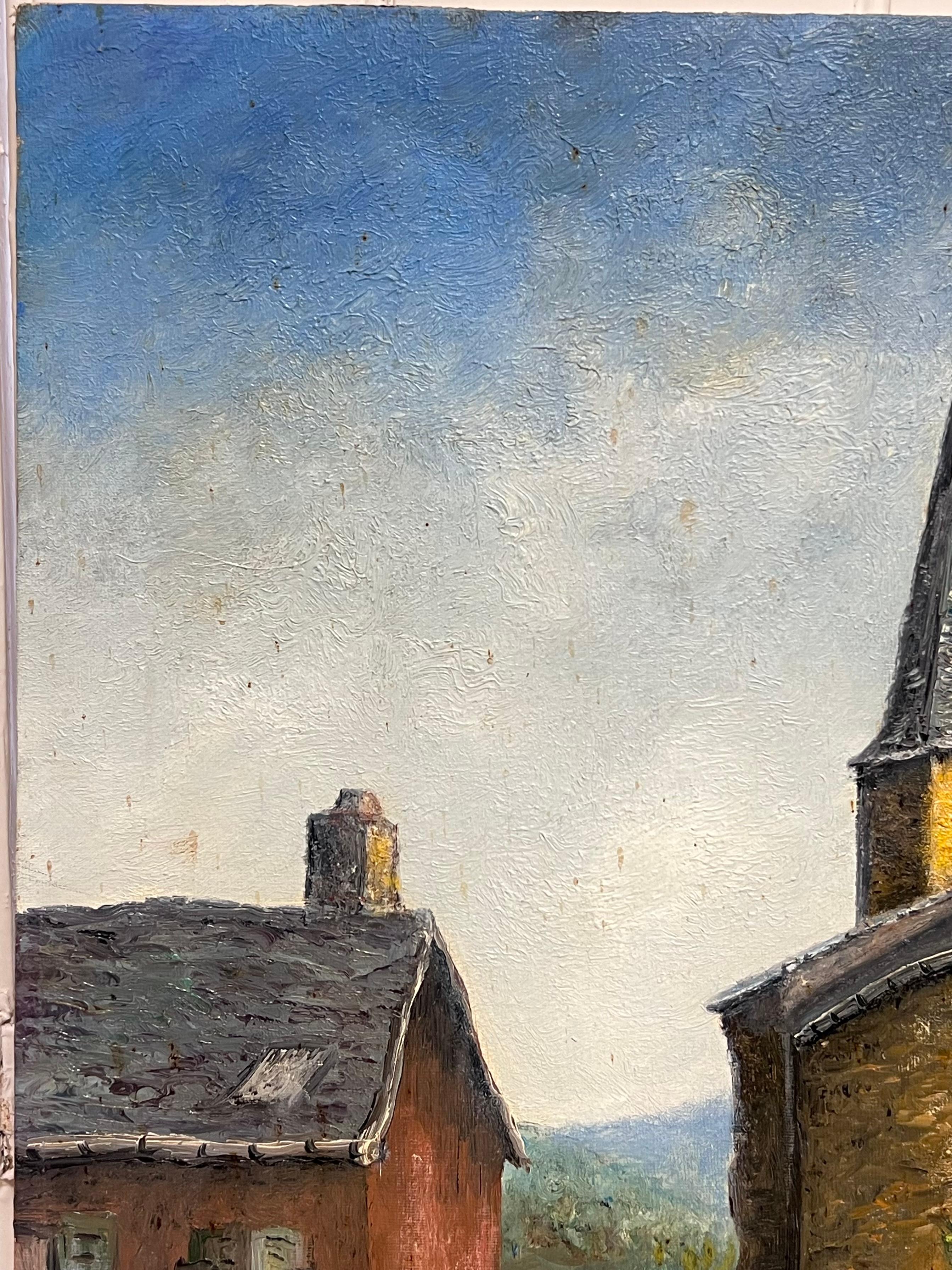 Hilltop Church mit rotem Haus in einer Bergdorf-Landschaft Ölgemälde im Angebot 1