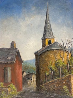 Peinture à l'huile - Church's avec maison rouge dans un village de montagne