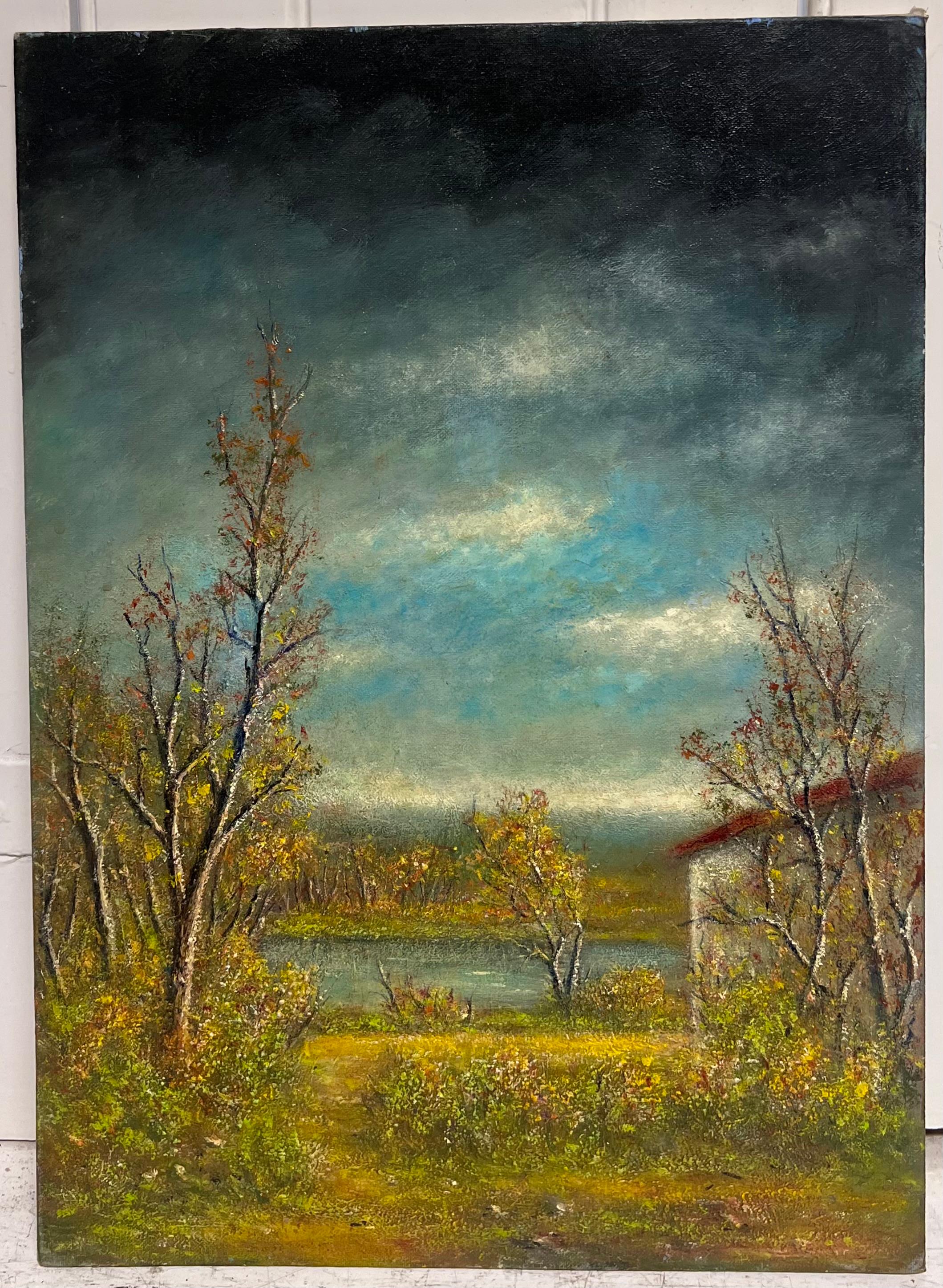 Midnight Stormy Sky Over The Green River Bank Peinture à l'huile Paysage - Painting de Jean Fourie