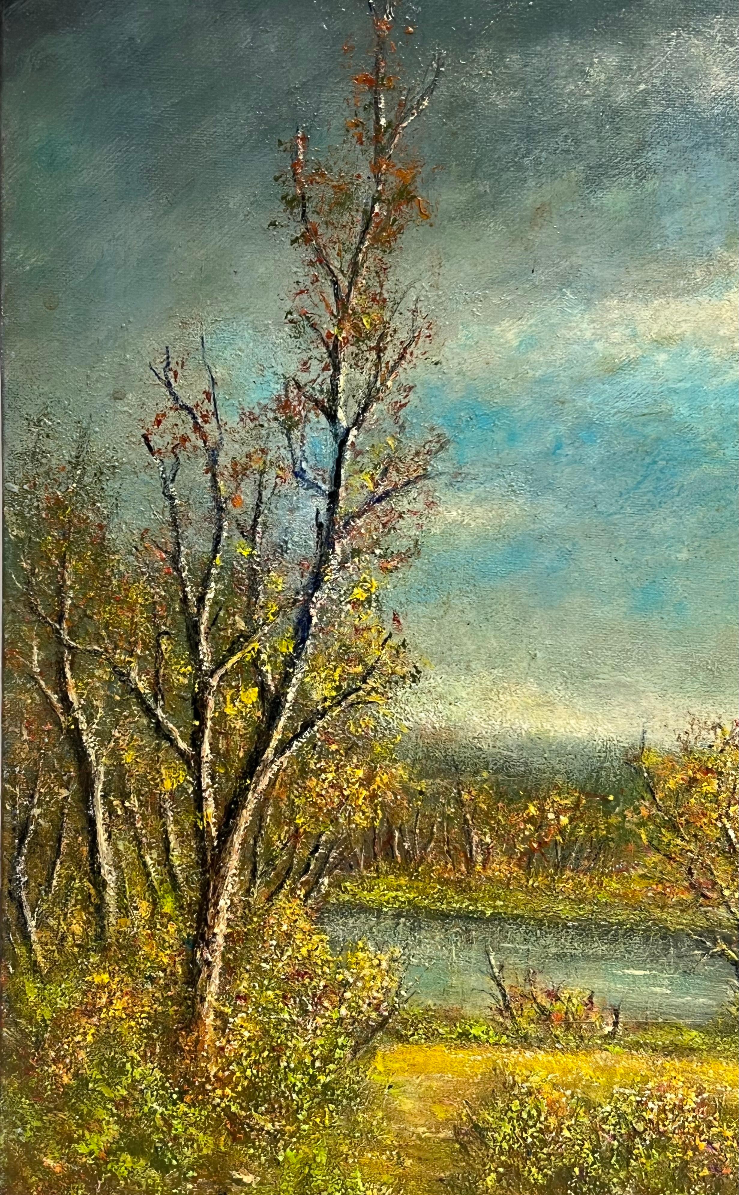 Midnight Stormy Sky Over The Green River Bank Peinture à l'huile Paysage - École française Painting par Jean Fourie