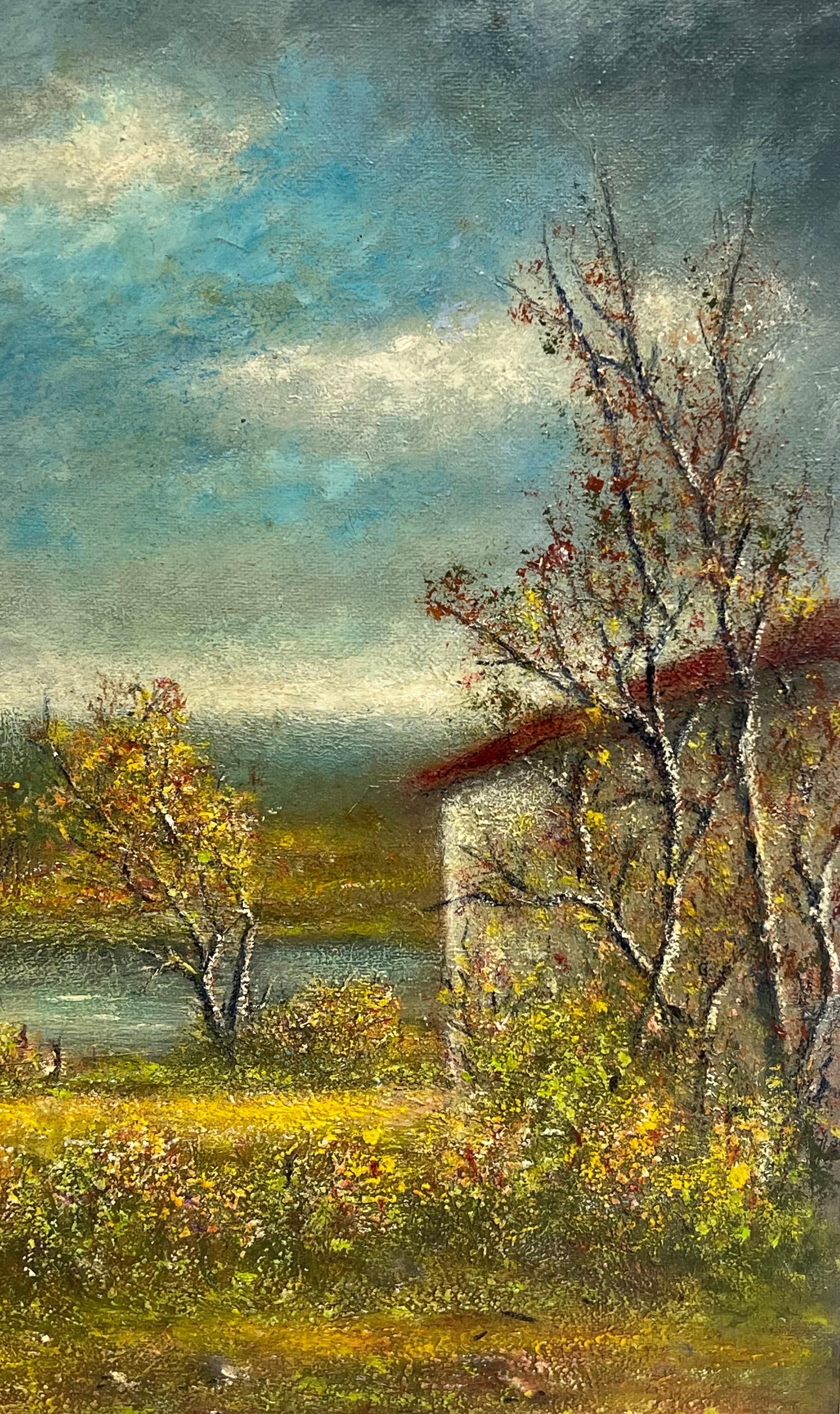Midnight Stormy Sky Over The Green River Bank Peinture à l'huile Paysage - Marron Landscape Painting par Jean Fourie