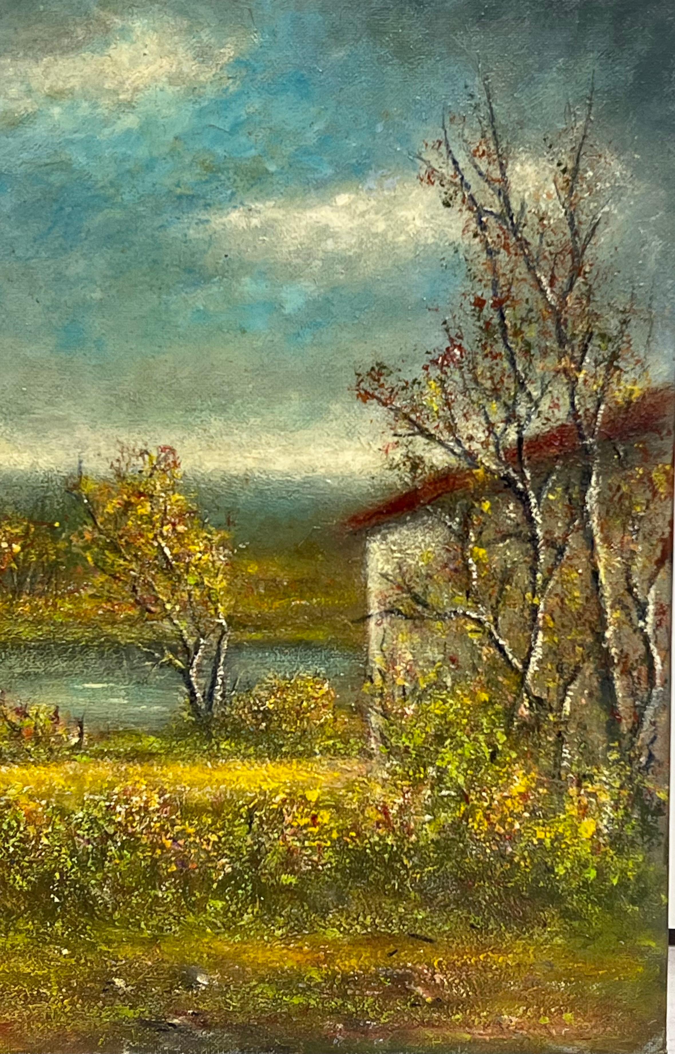 Rive verte
par Jean Fourie (1927-2015), signé
Artistics français, peignant dans la région de Champagne en France
peinture à l'huile sur carton, non encadrée
tableau : 18 x 13 pouces
État : quatre coins du tableau légèrement grignotés, légères