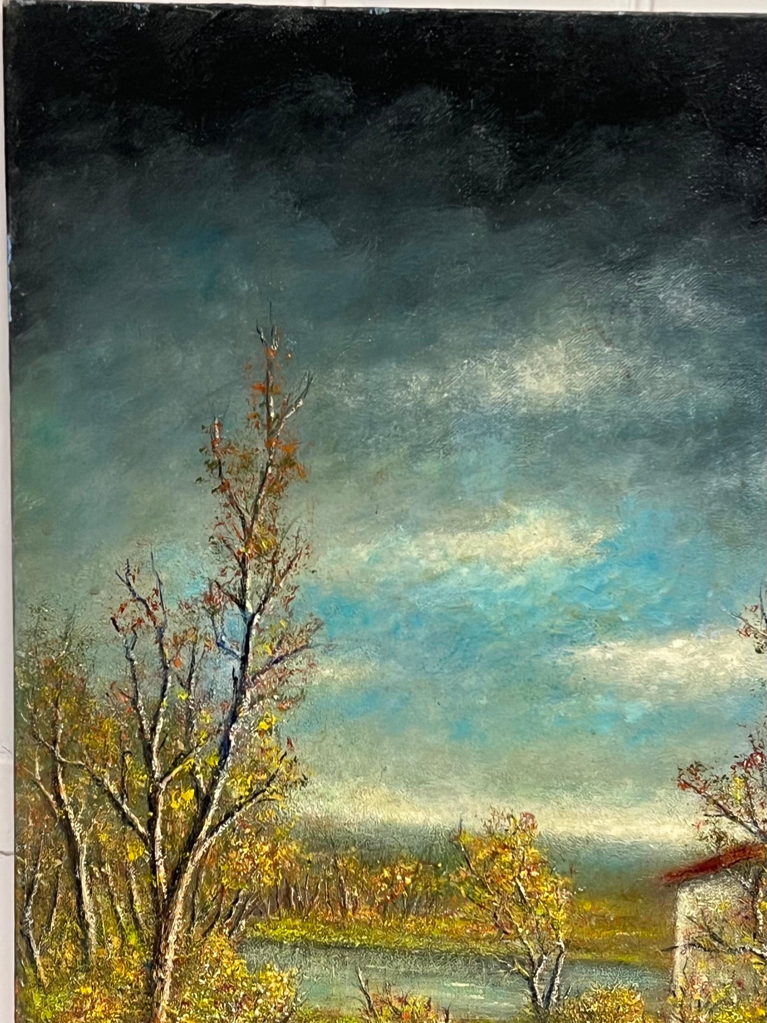 Midnight Stormy Sky Over The Green River Bank Peinture à l'huile Paysage en vente 1