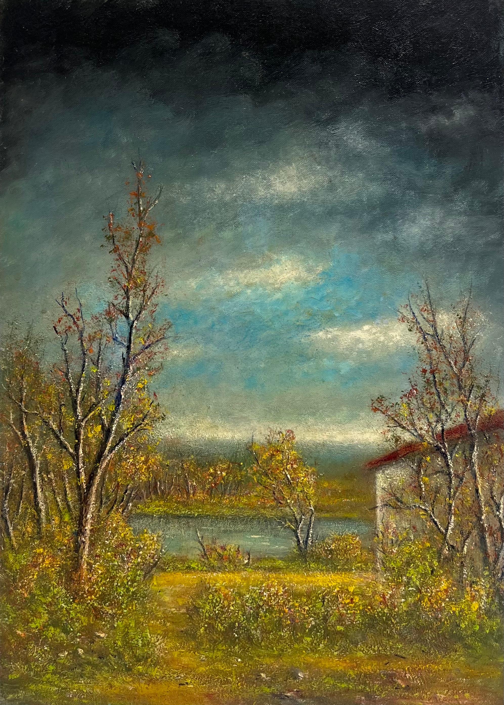 Landscape Painting Jean Fourie - Midnight Stormy Sky Over The Green River Bank Peinture à l'huile Paysage
