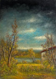 Midnight Stormy Sky Over The Green River Bank Peinture à l'huile Paysage