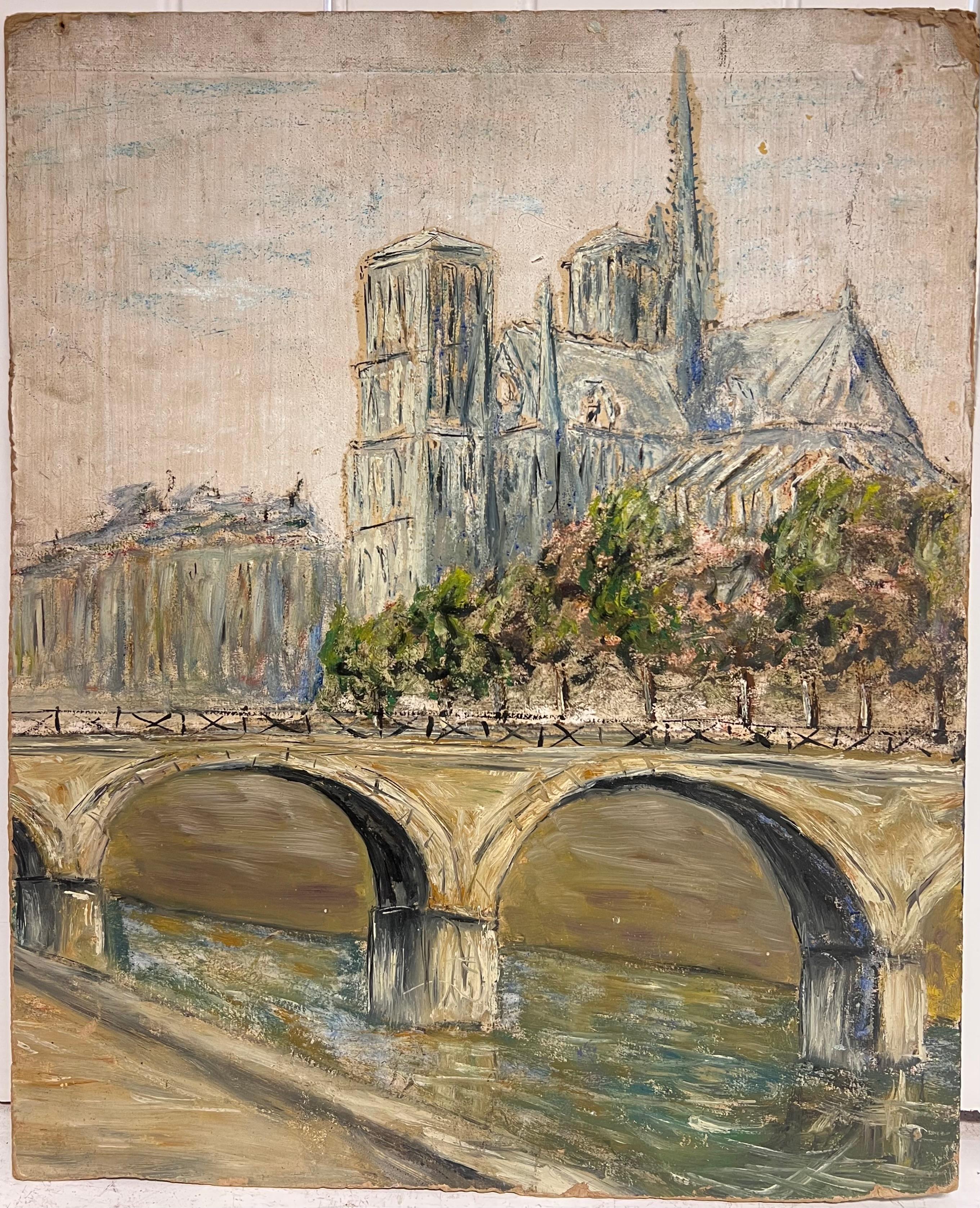 Notre-Dame de Paris mit Brücke über die Seine Landschaft Ölgemälde – Painting von Jean Fourie