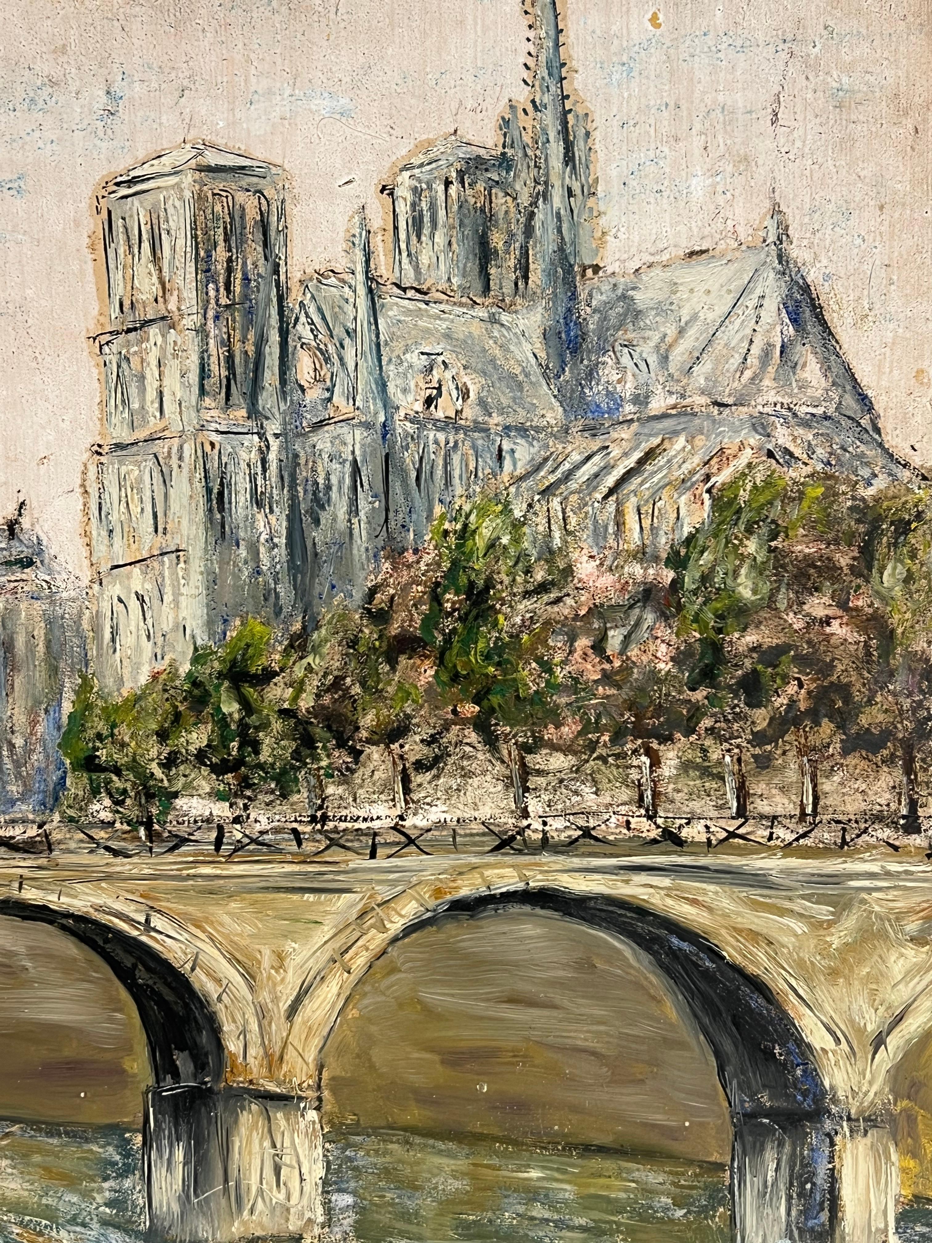 Notre-Dame de Paris mit Brücke über die Seine Landschaft Ölgemälde (Braun), Landscape Painting, von Jean Fourie