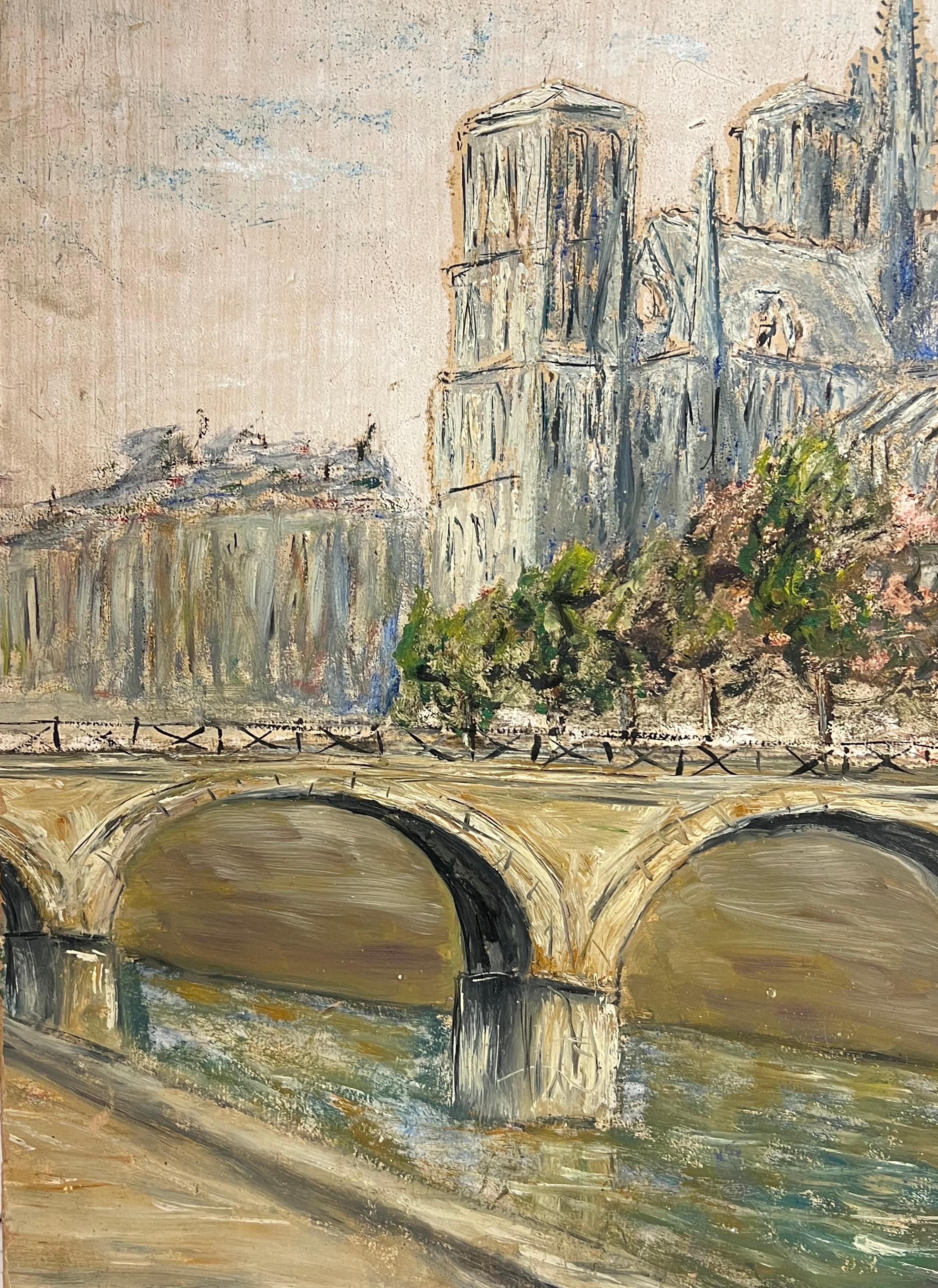 Notre-Dame de Paris mit Brücke über die Seine Landschaft Ölgemälde im Angebot 1