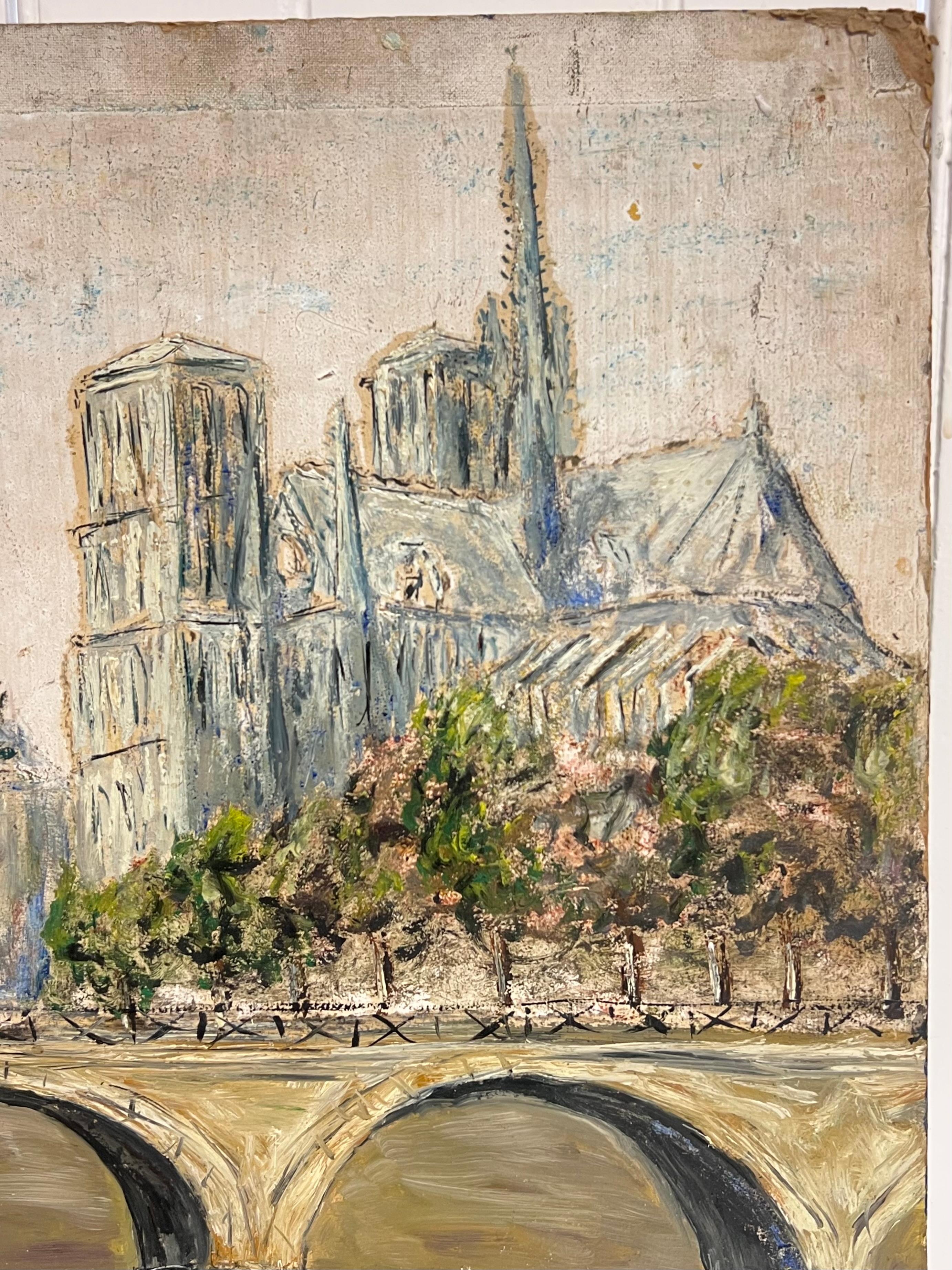 Notre-Dame de Paris mit Brücke über die Seine Landschaft Ölgemälde im Angebot 2
