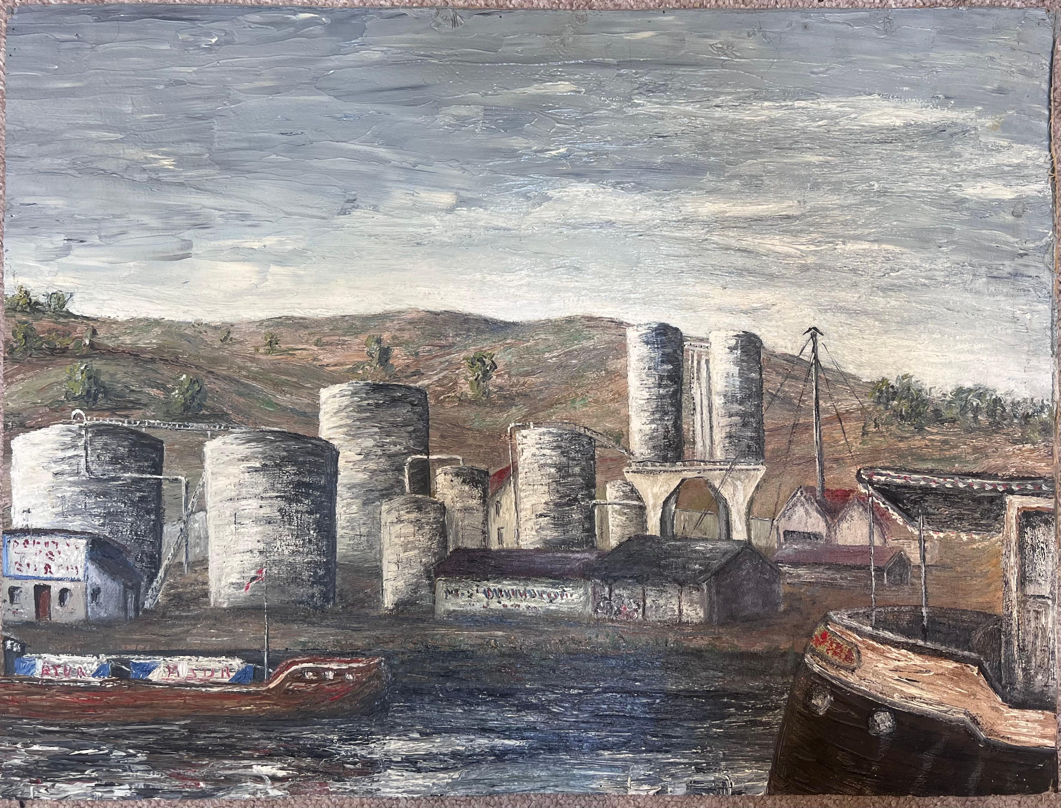 Centre d'une plate-forme pétrolière dans une atmosphère grise et lugubre Paysage Peinture à l'huile - Painting de Jean Fourie