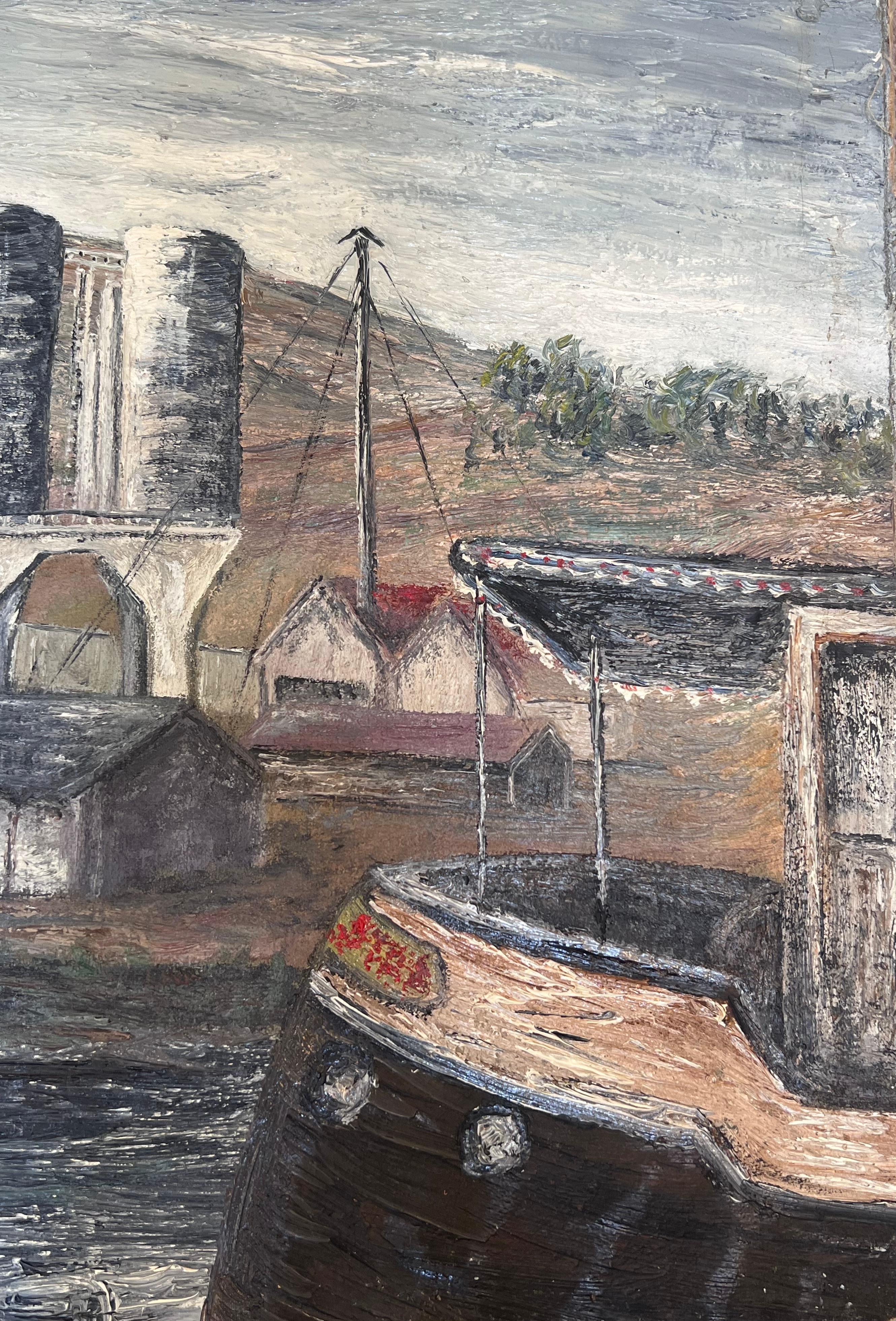 Centre d'une plate-forme pétrolière dans une atmosphère grise et lugubre Paysage Peinture à l'huile - École française Painting par Jean Fourie