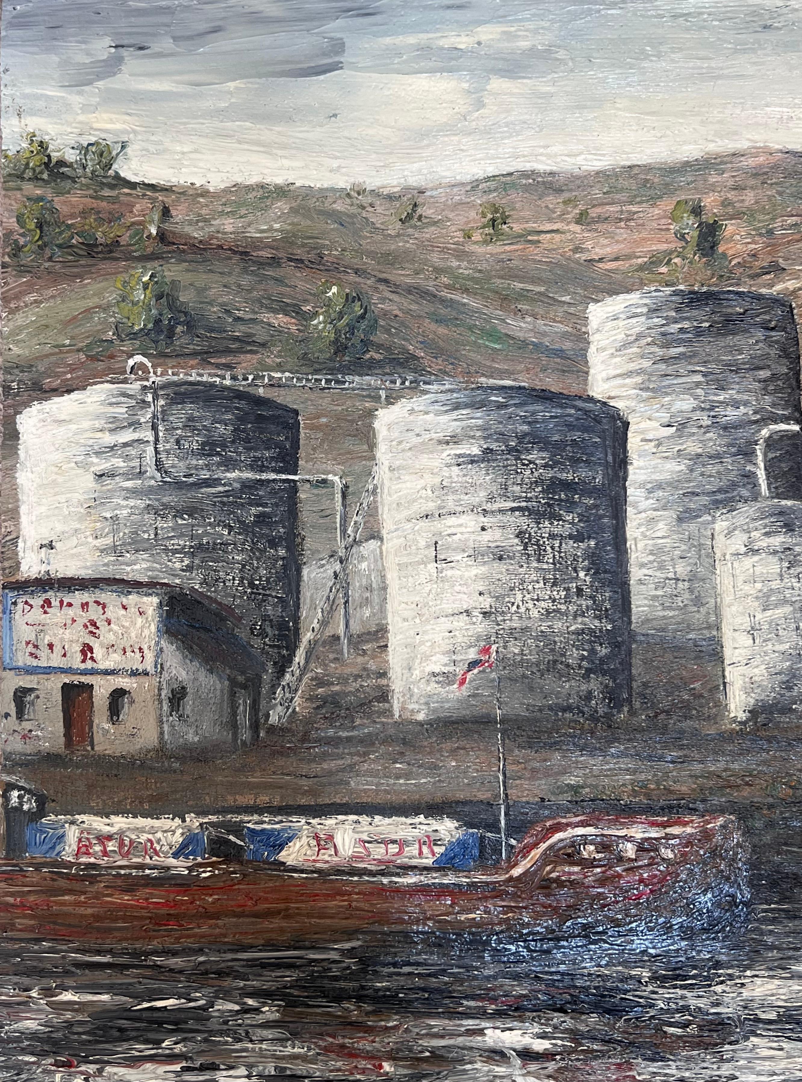Centre d'une plate-forme pétrolière dans une atmosphère grise et lugubre Paysage Peinture à l'huile - Gris Landscape Painting par Jean Fourie