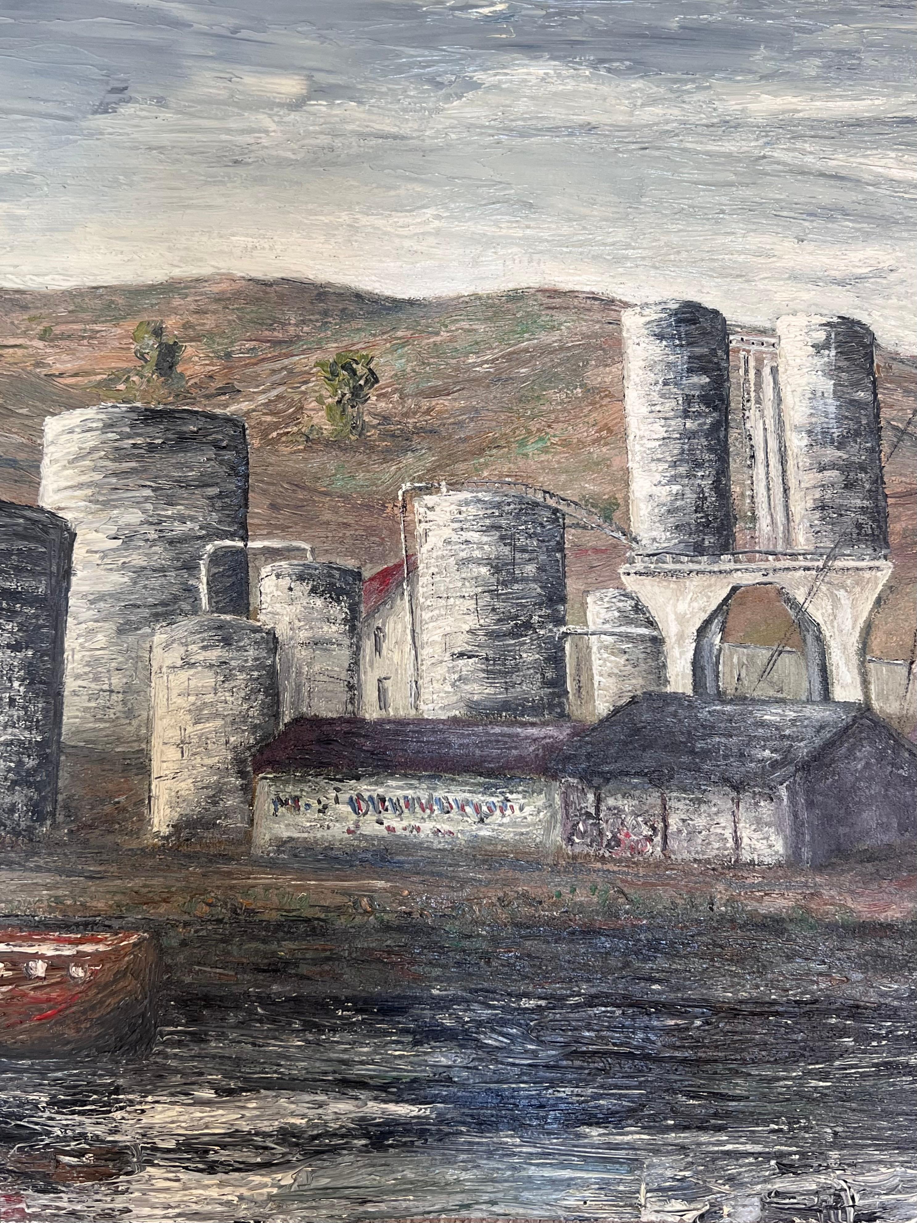 Centre de forage pétrolier 
par Jean Fourie (1927-2015)
Artistics français, peignant dans la région de Champagne en France
peinture à l'huile sur toile non tendue, non encadrée
double face 
peinture : 17.5 x 24 pouces
état : légères marques de