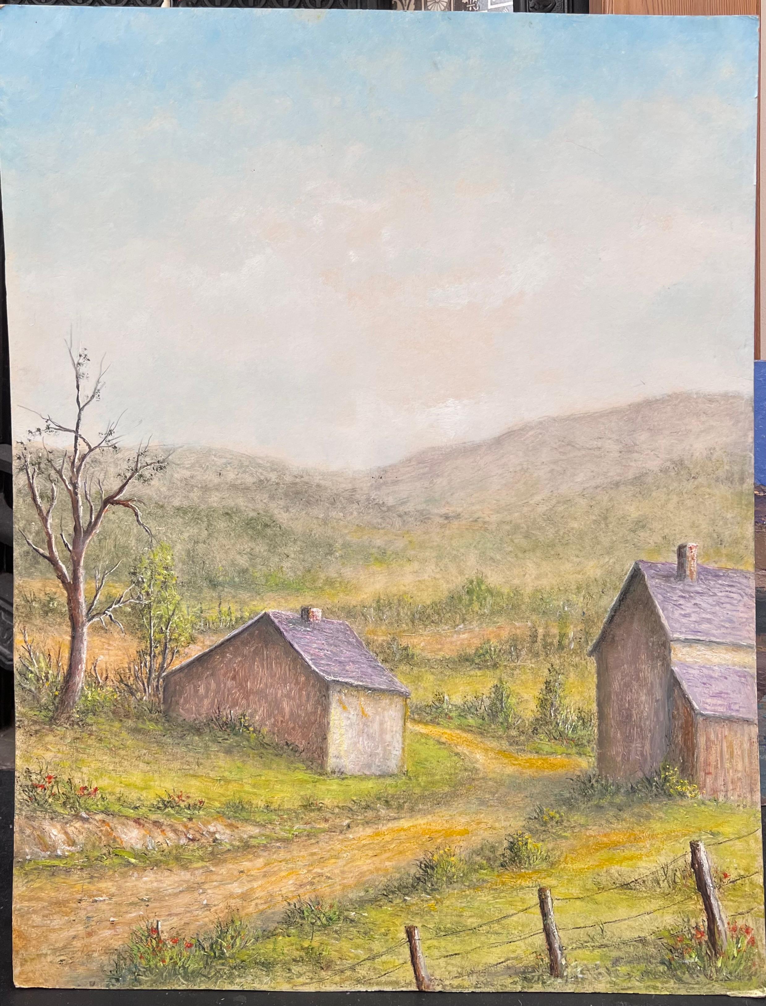 Purple Roof Cottages in Green Hill Valley Oil Landscape Painting For Sale 1