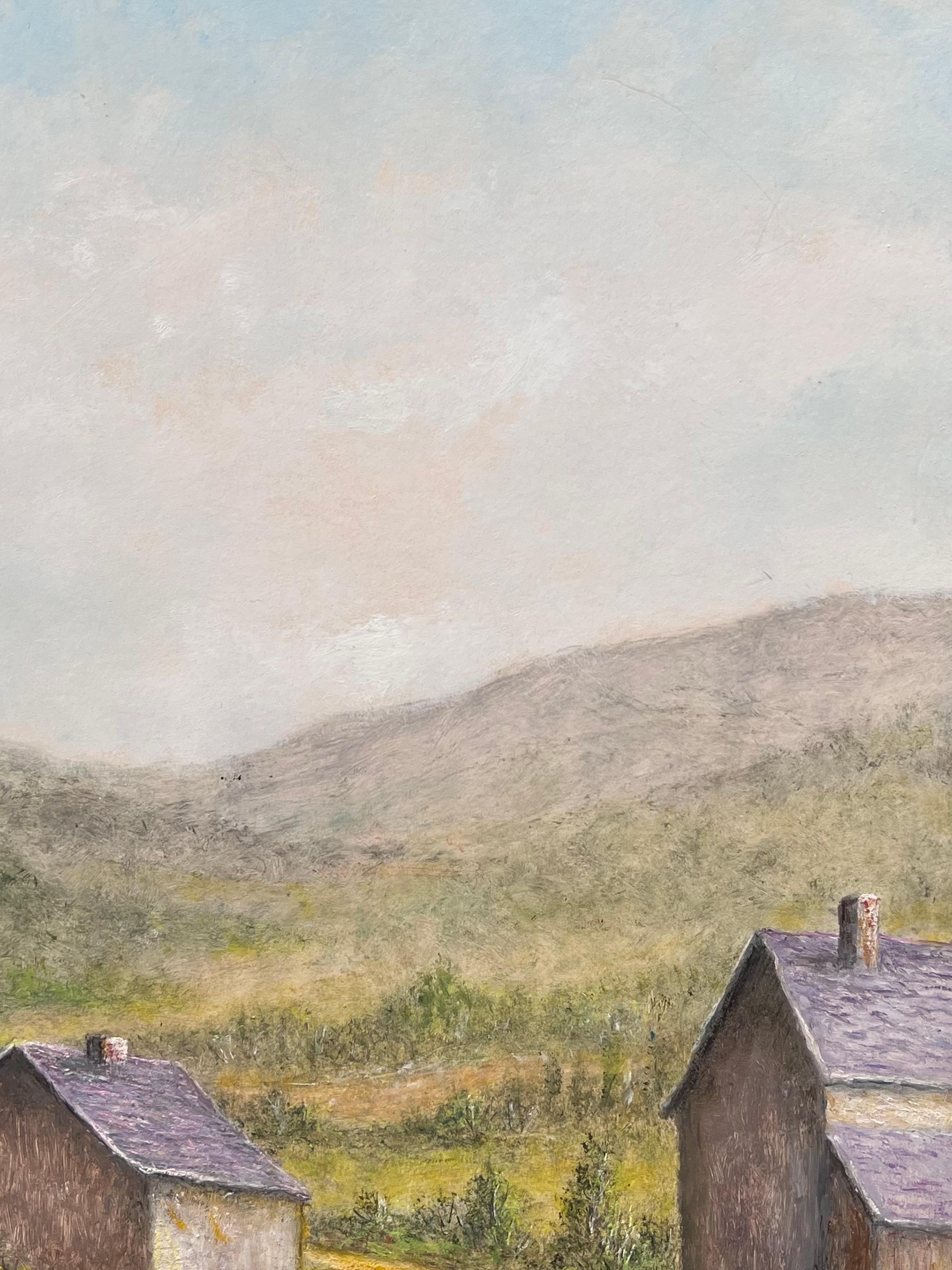 Purple Roof Cottages in Green Hill Valley Oil Landscape Painting For Sale 2