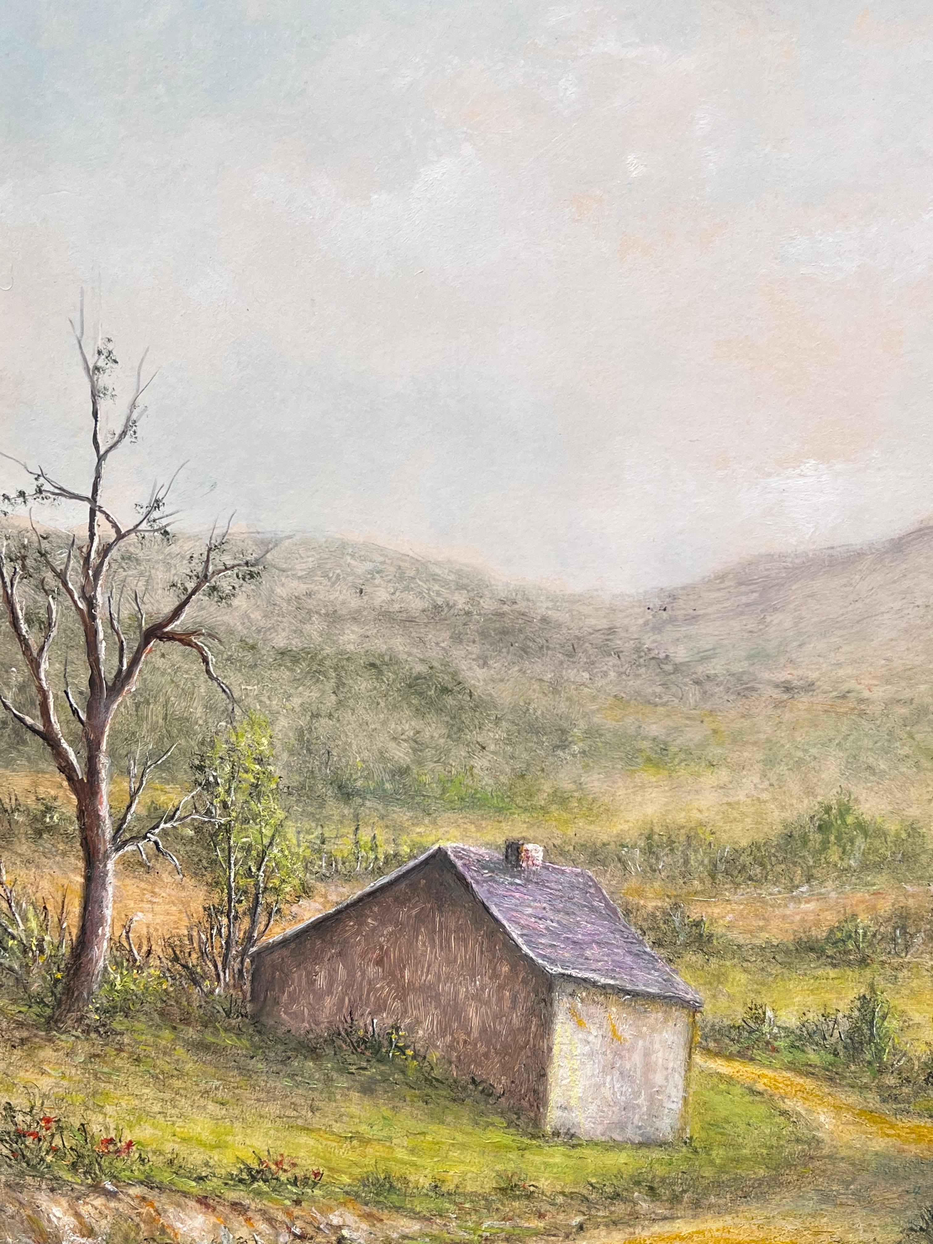 Purple Roof Cottages in Green Hill Valley Oil Landscape Painting For Sale 4