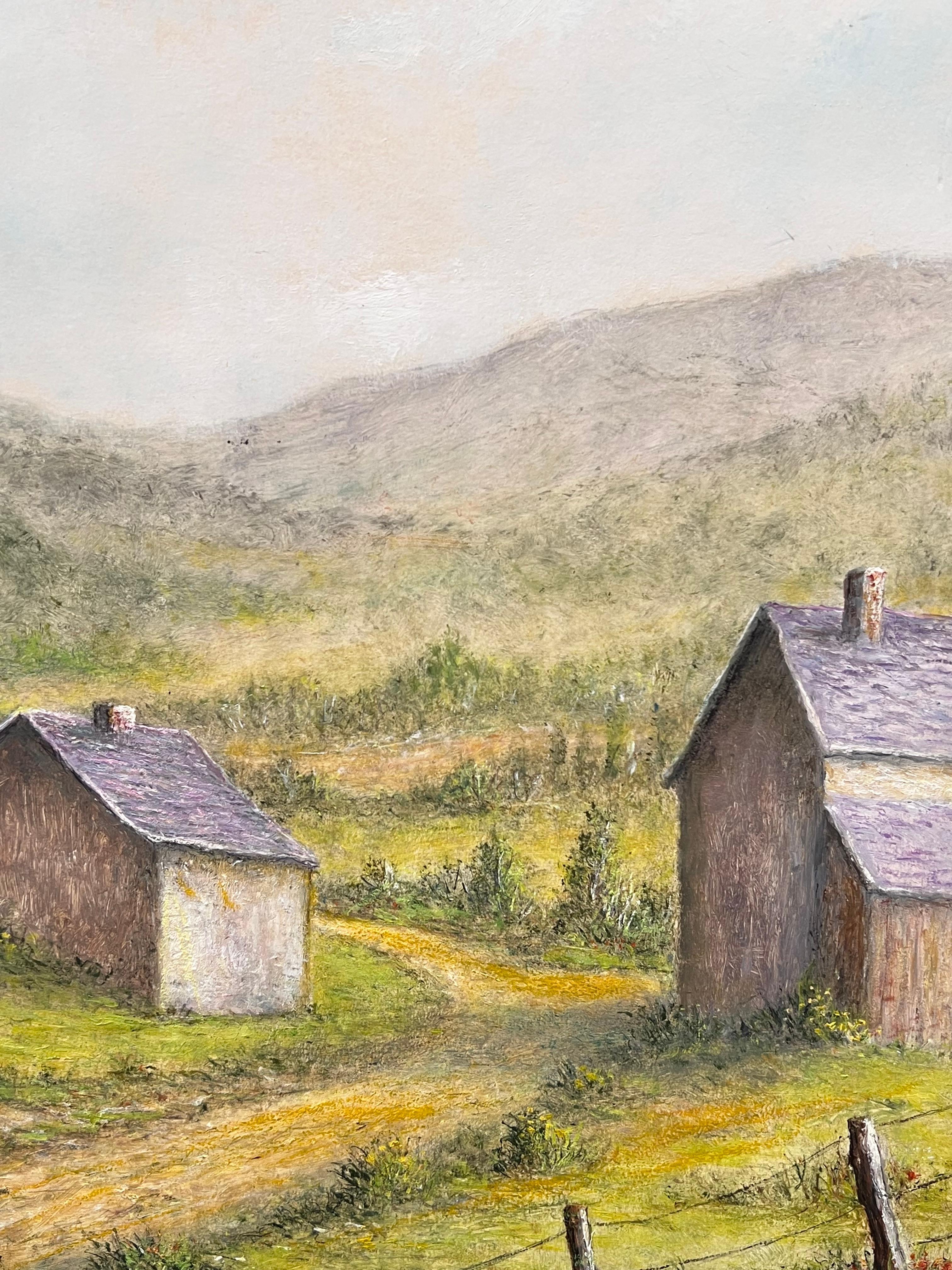 Purple Roof Cottages in Green Hill Valley Oil Landscape Painting For Sale 5