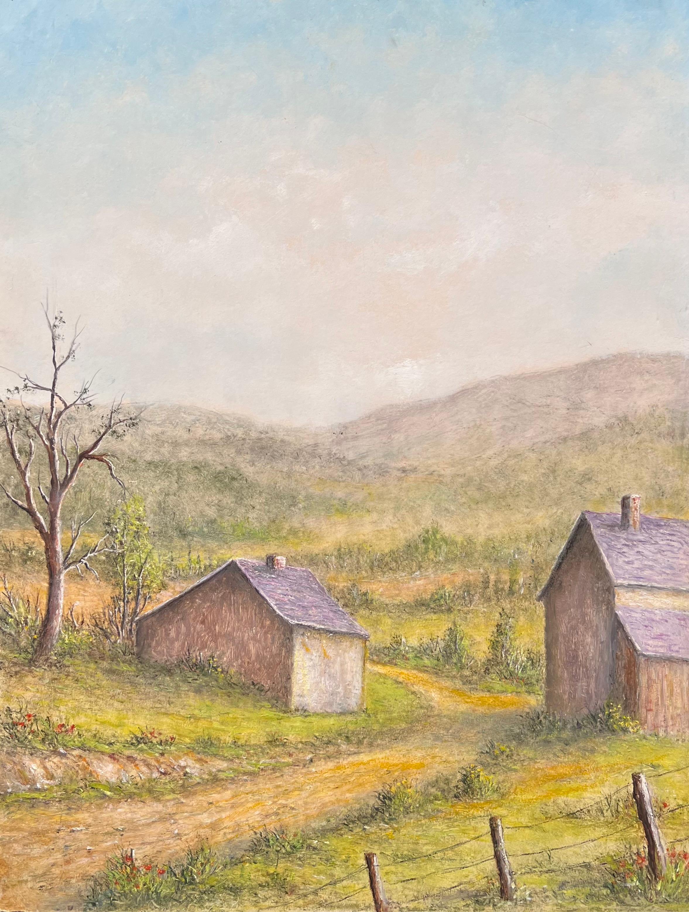 Purple Roof Cottages 
by Jean Fourie (1927-2015)
French artist, painting in the Champagne region of France
oil painting on card, unframed
painting: 25 x 18.5 inches
double sided 
condition: minor surface markings from previous storage but otherwise