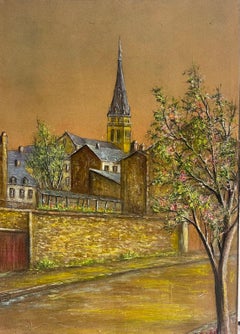 Rue tranquille avec arbre en fleurs et flèche d'église au crépuscule Peinture à l'huile
