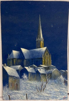 Snow Covered Church in Midnight Blue Oil Landscape Painting