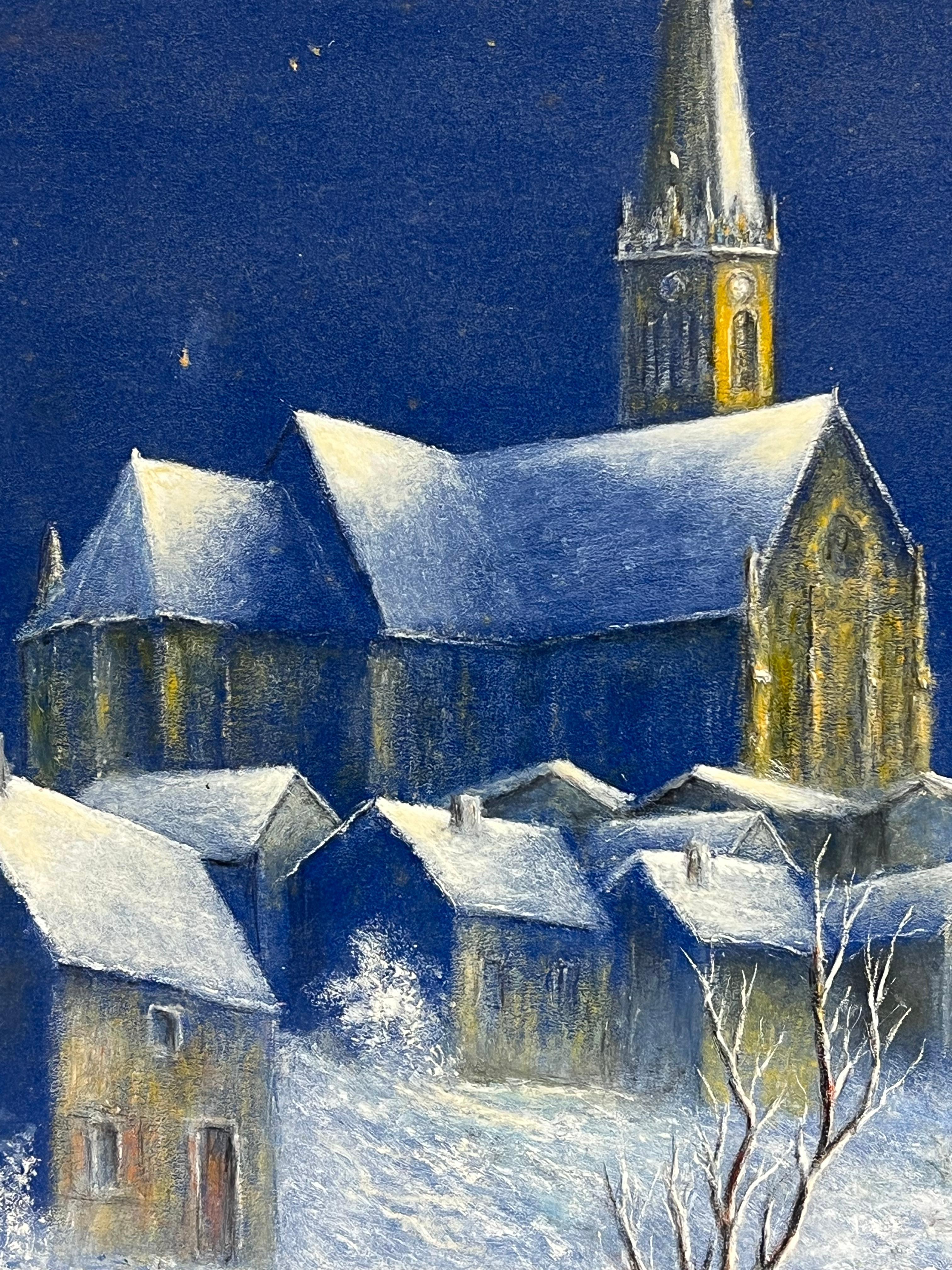 Schneebedeckte Church's in Mitternachtsblau Öl-Landschaftsgemälde (Französische Schule), Painting, von Jean Fourie