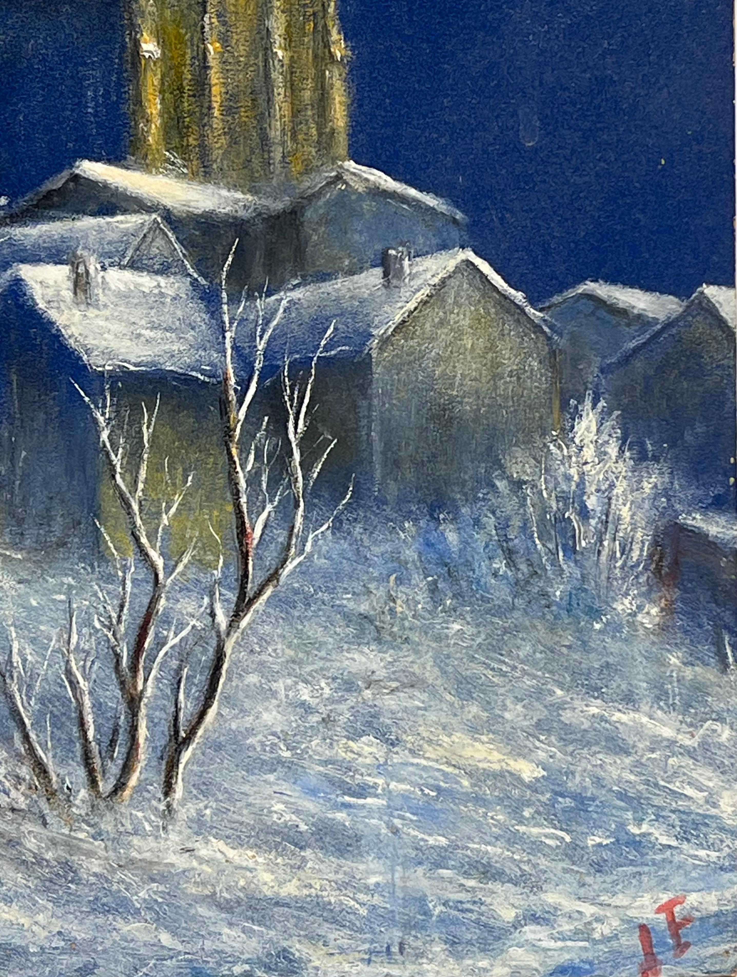 Schneebedeckte Church's in Mitternachtsblau Öl-Landschaftsgemälde (Blau), Landscape Painting, von Jean Fourie