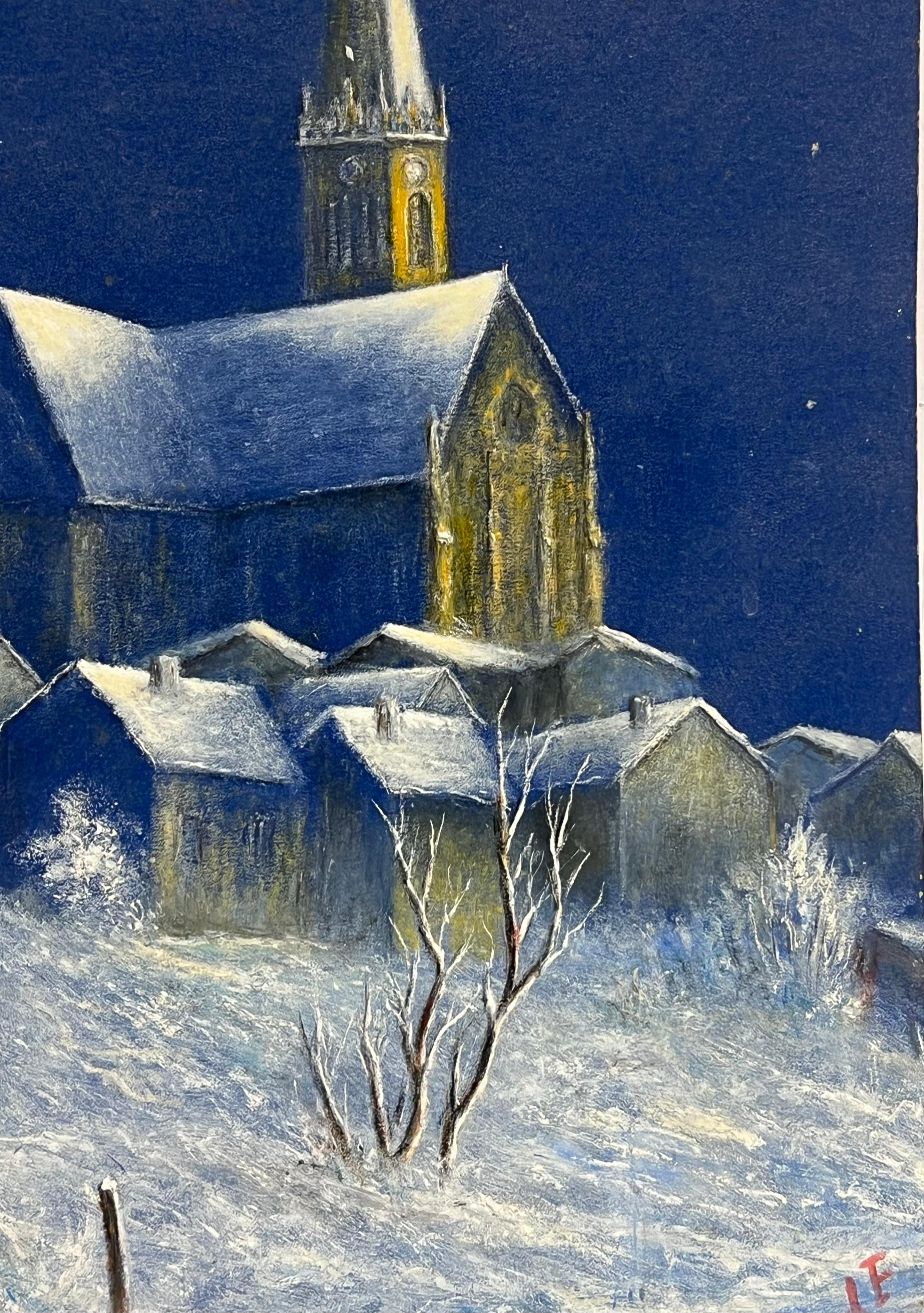 Mitternachtsszene in der Church's 
von Jean Fourie (1927-2015), unterzeichnet mit Initialen
Französischer Künstler, der in der Champagne malt
doppelseitiges Ölgemälde auf dünnem Karton, ungerahmt
Brett: 18 x 13 Zoll
Zustand: die vier Ecken des