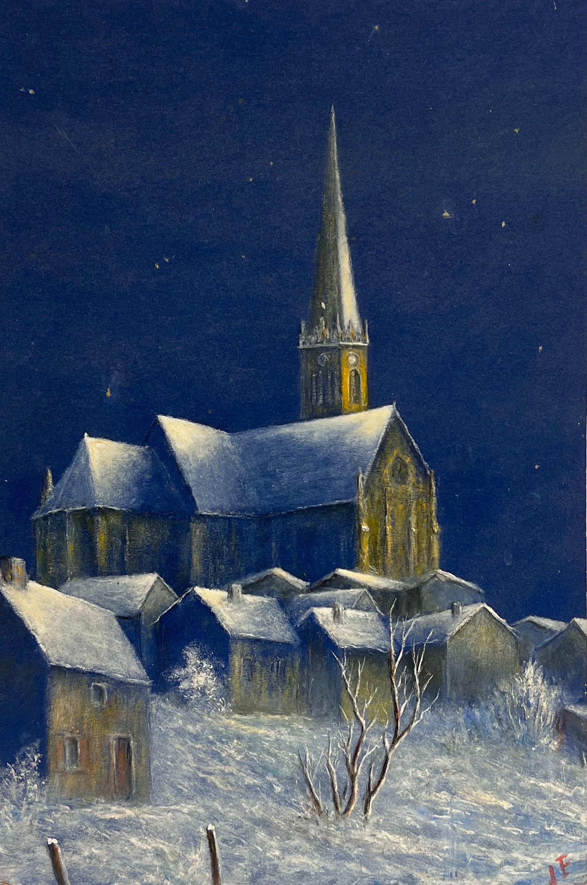 Jean Fourie Landscape Painting – Schneebedeckte Church's in Mitternachtsblau Öl-Landschaftsgemälde