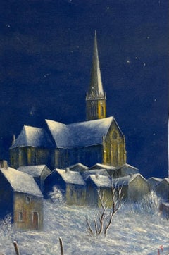 Peinture de paysage à l'huile : Church's couverte de neige en bleu nuit