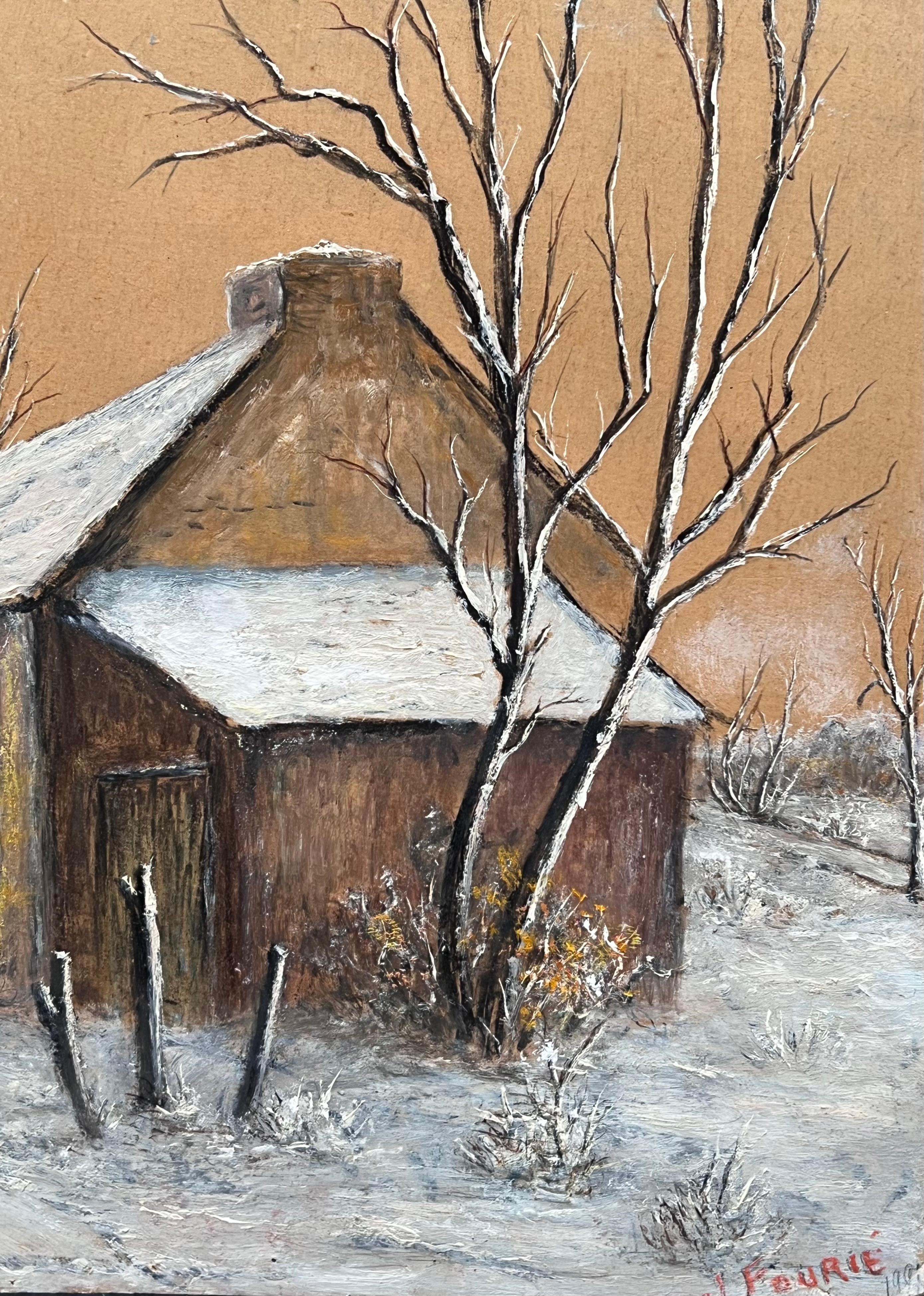 Schnee bedeckte Hütte in kahlem Baum Schnee Woodland Feld Öl-Landschaftsmalerei (Braun), Landscape Painting, von Jean Fourie