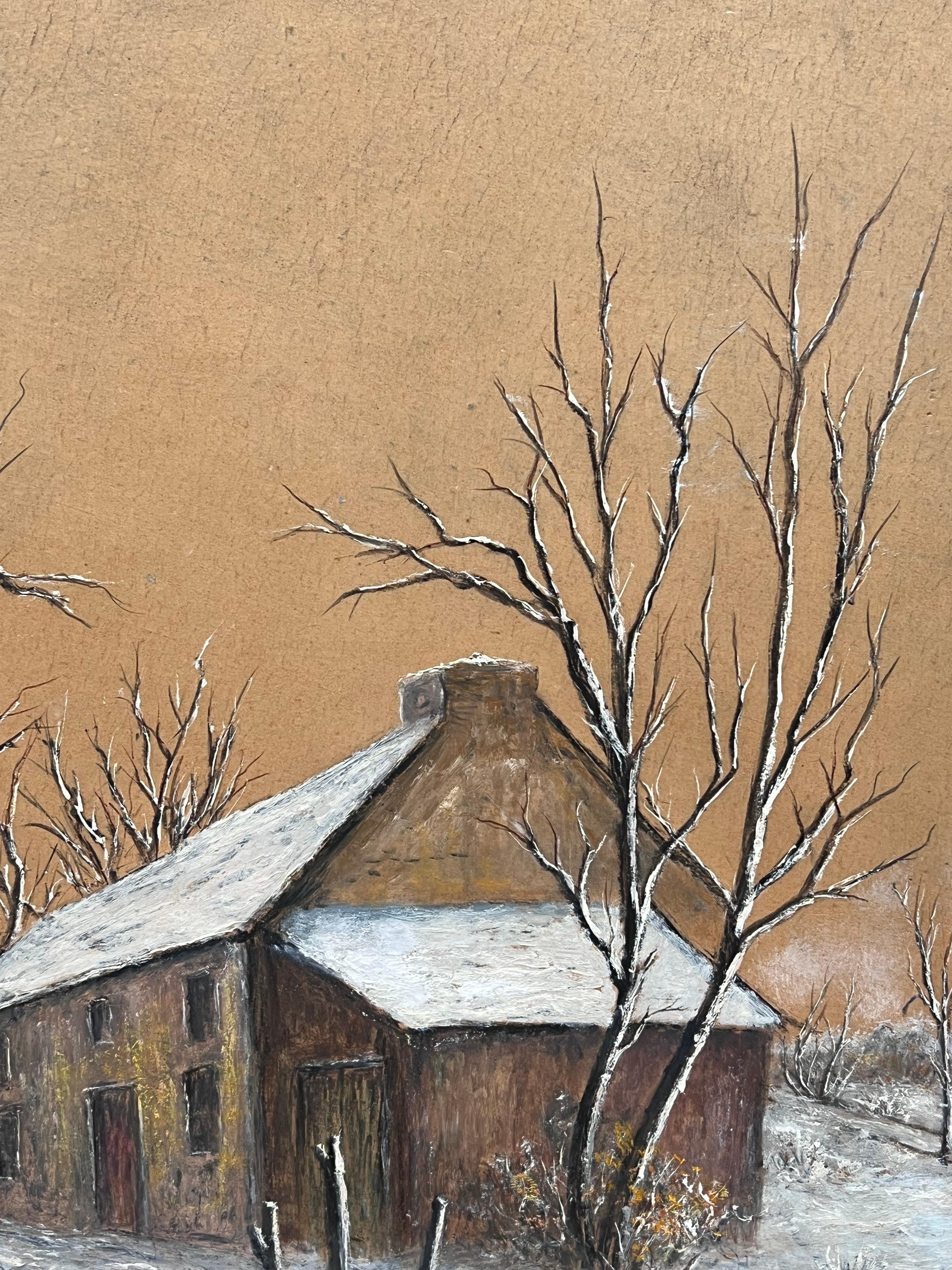 Schnee bedeckte Hütte in kahlem Baum Schnee Woodland Feld Öl-Landschaftsmalerei im Angebot 1