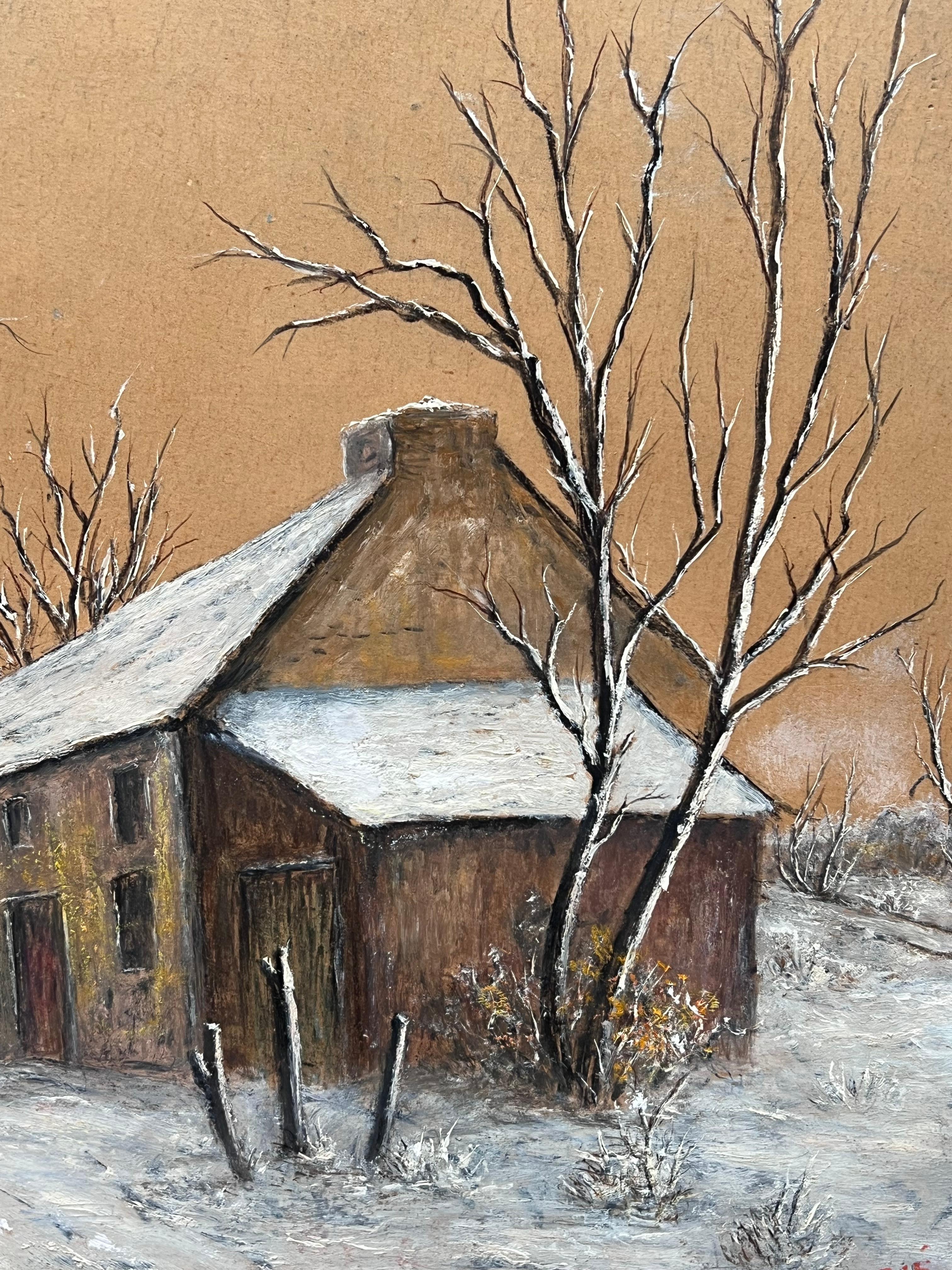 Schnee bedeckte Hütte in kahlem Baum Schnee Woodland Feld Öl-Landschaftsmalerei im Angebot 3