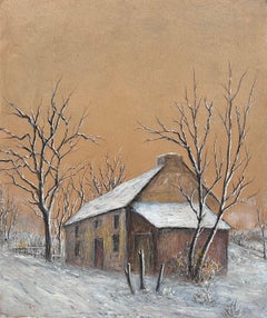 Schnee bedeckte Hütte in kahlem Baum Schnee Woodland Feld Öl-Landschaftsmalerei