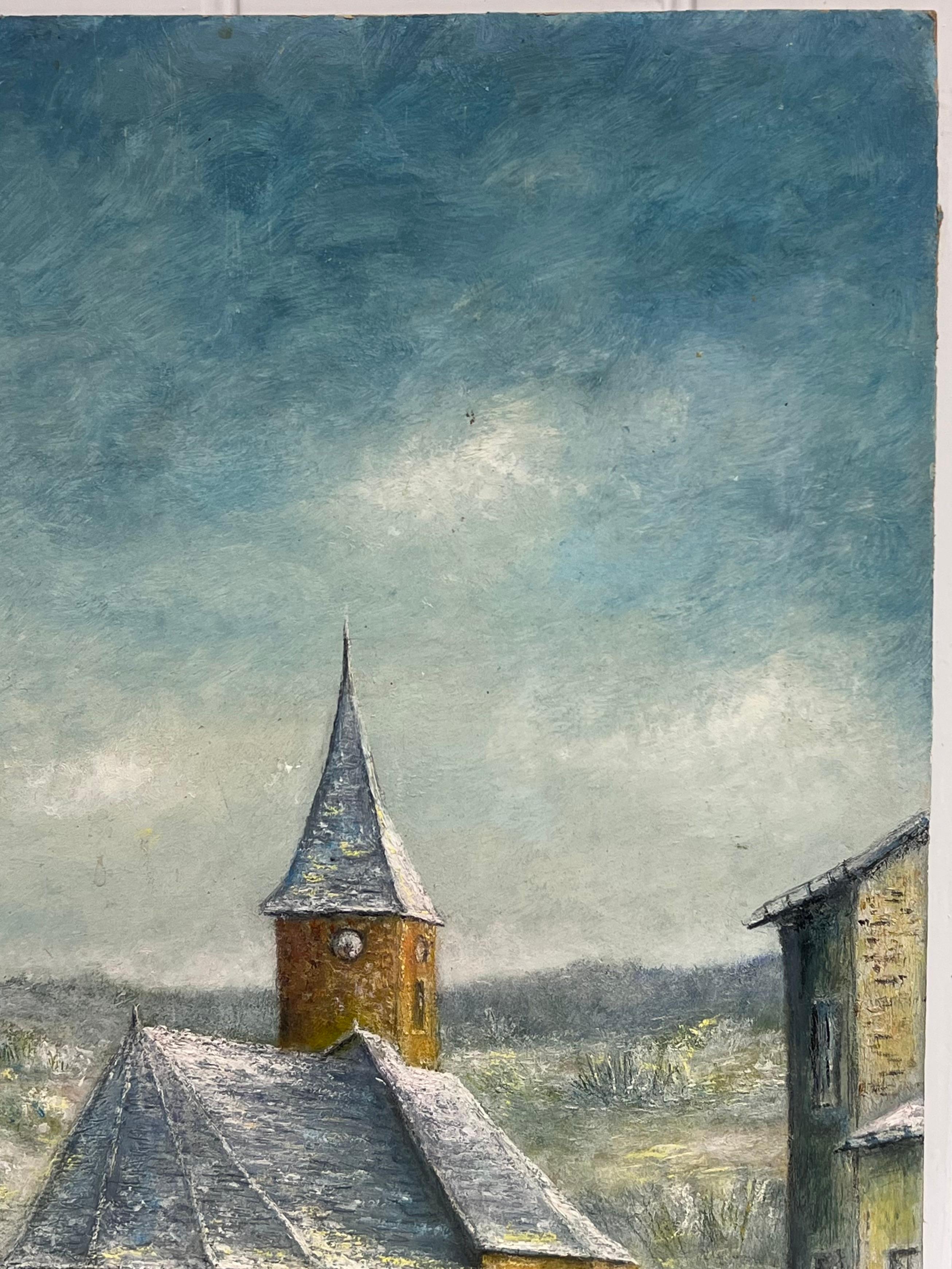 Toit d'église couvert de neige A.I.C. peinture à l'huile paysage de village du 20e siècle - Painting de Jean Fourie
