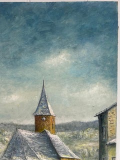 Snow Covered Spine Church Roof French 20th C. Oil Painting Village Landscape