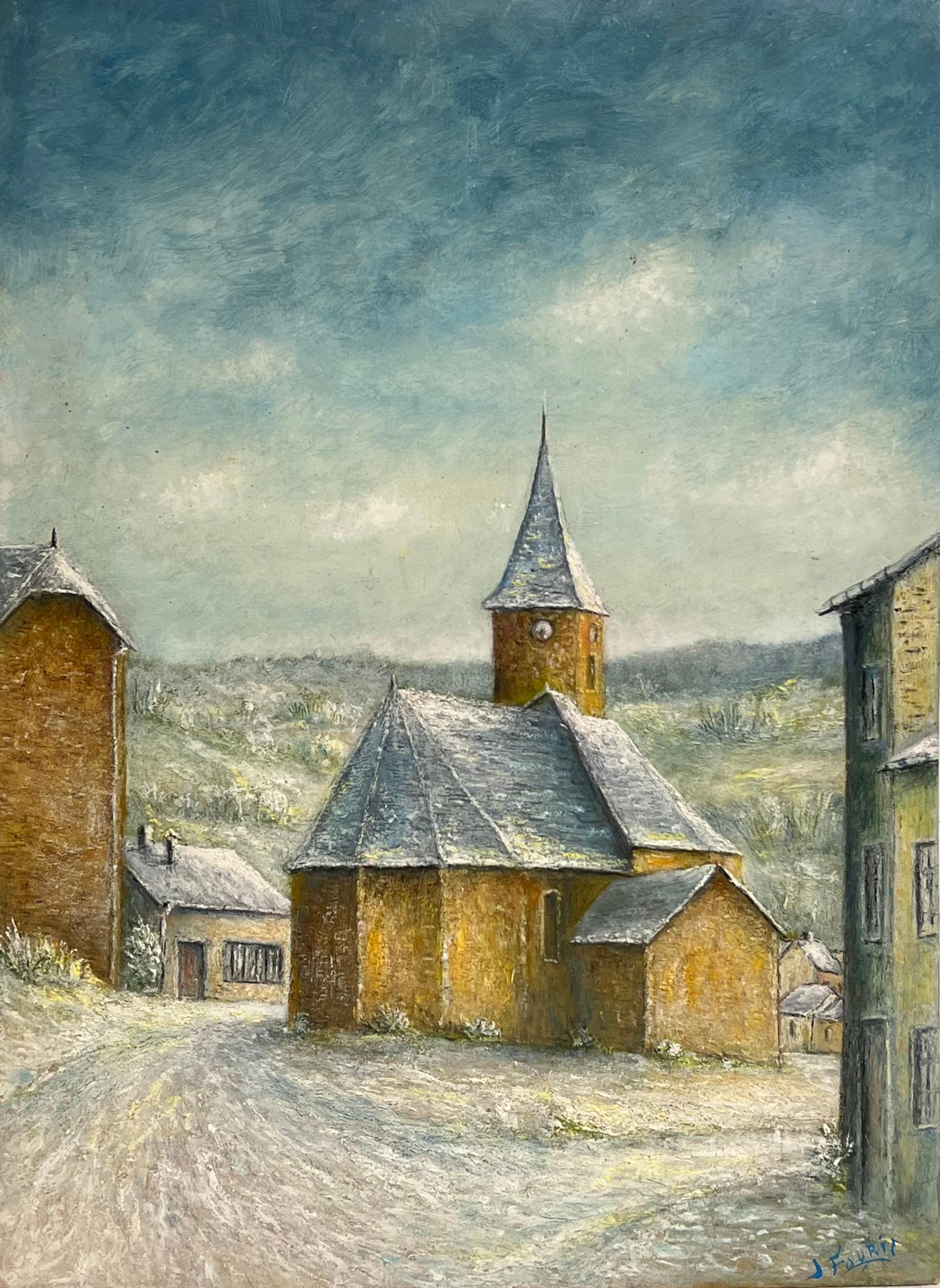 Toit d'église couvert de neige A.I.C. peinture à l'huile paysage de village du 20e siècle - École française Painting par Jean Fourie