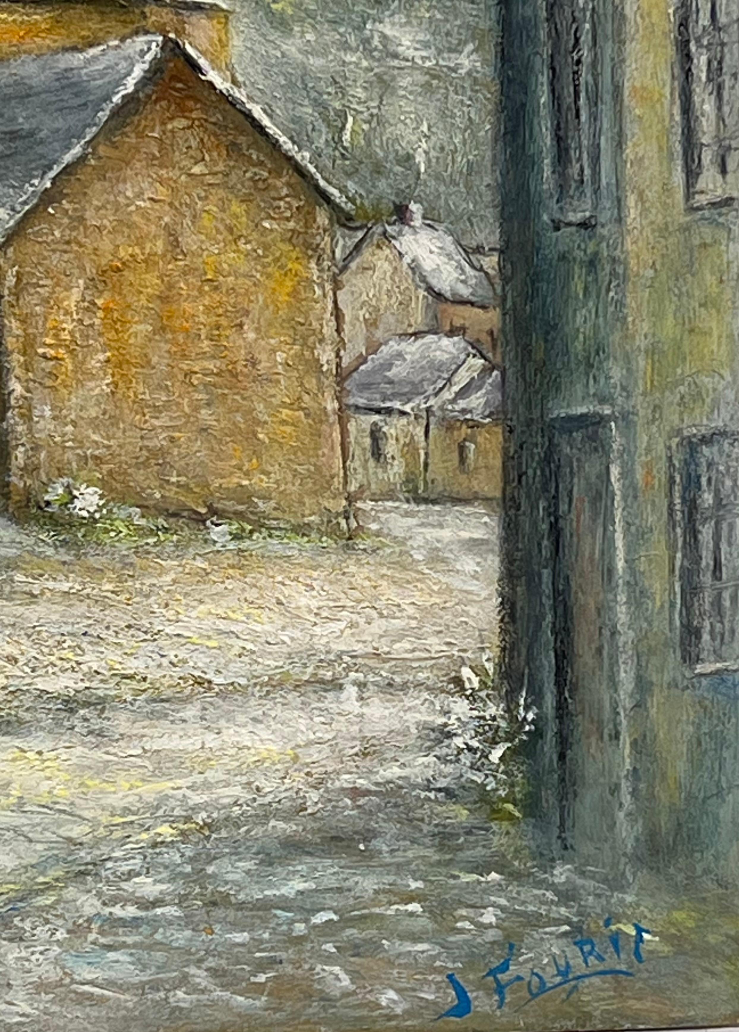Toit d'église couvert de neige A.I.C. peinture à l'huile paysage de village du 20e siècle en vente 1