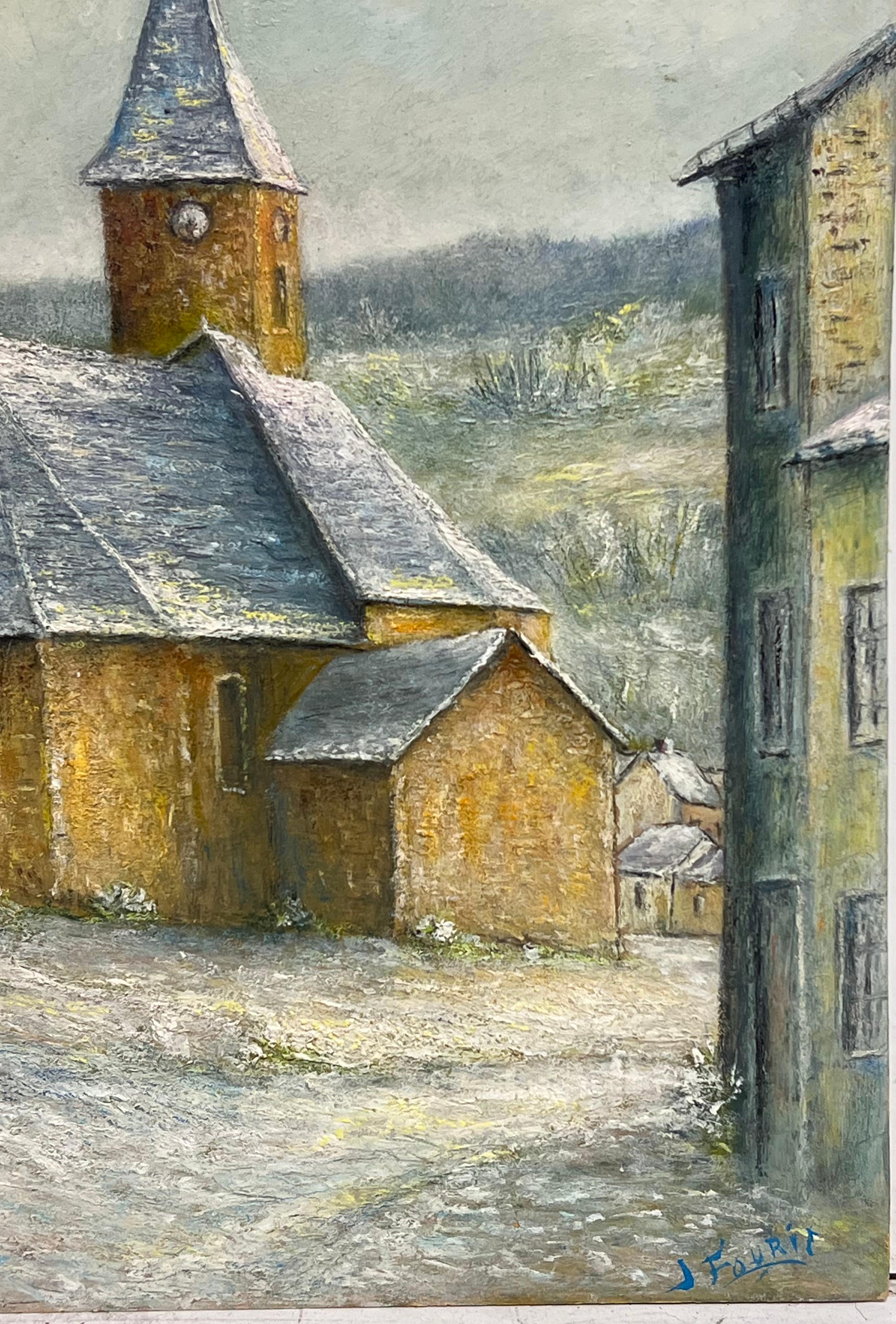 Toit d'église couvert de neige A.I.C. peinture à l'huile paysage de village du 20e siècle en vente 2
