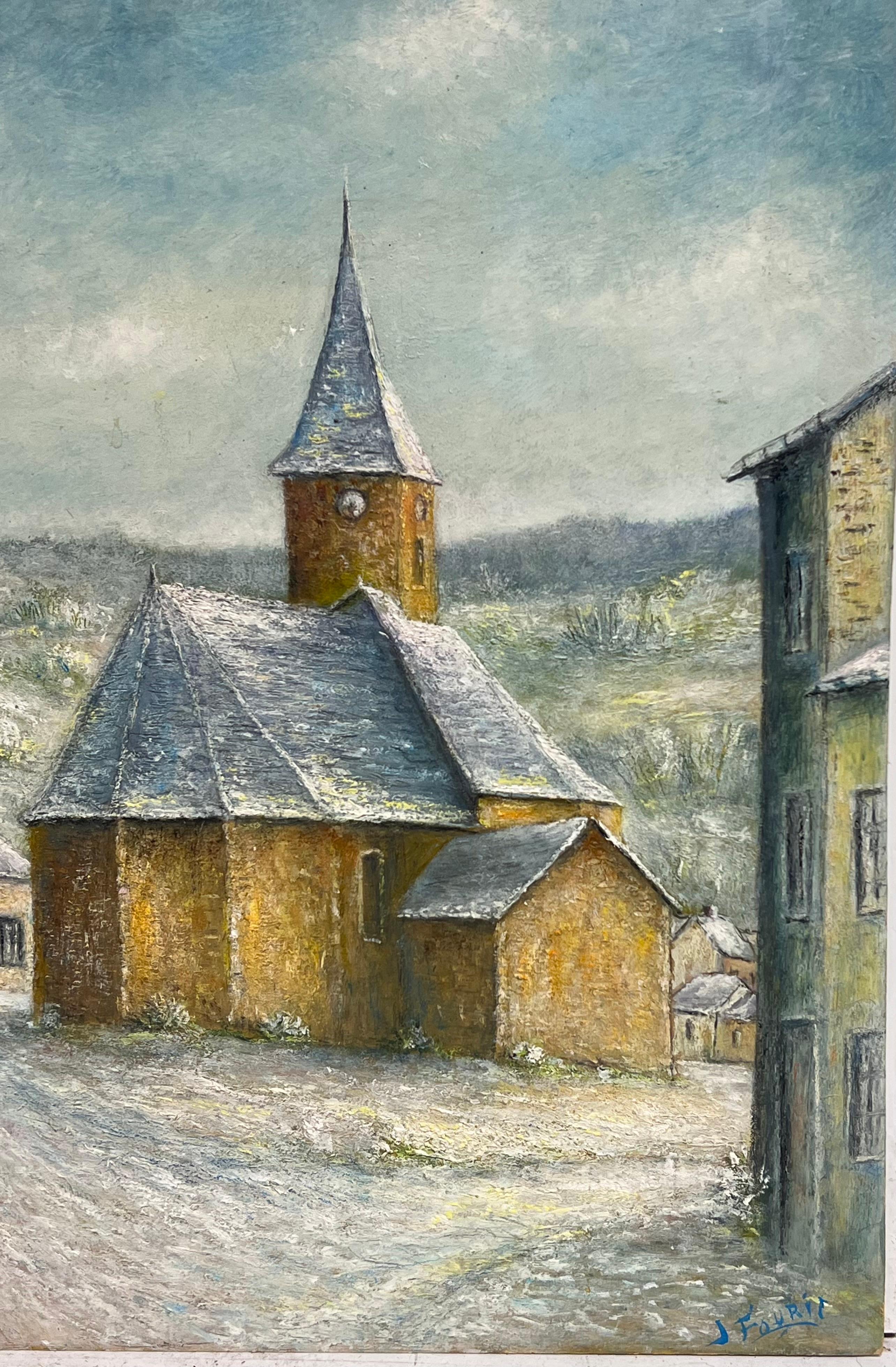 Toit d'église couvert de neige A.I.C. peinture à l'huile paysage de village du 20e siècle en vente 3