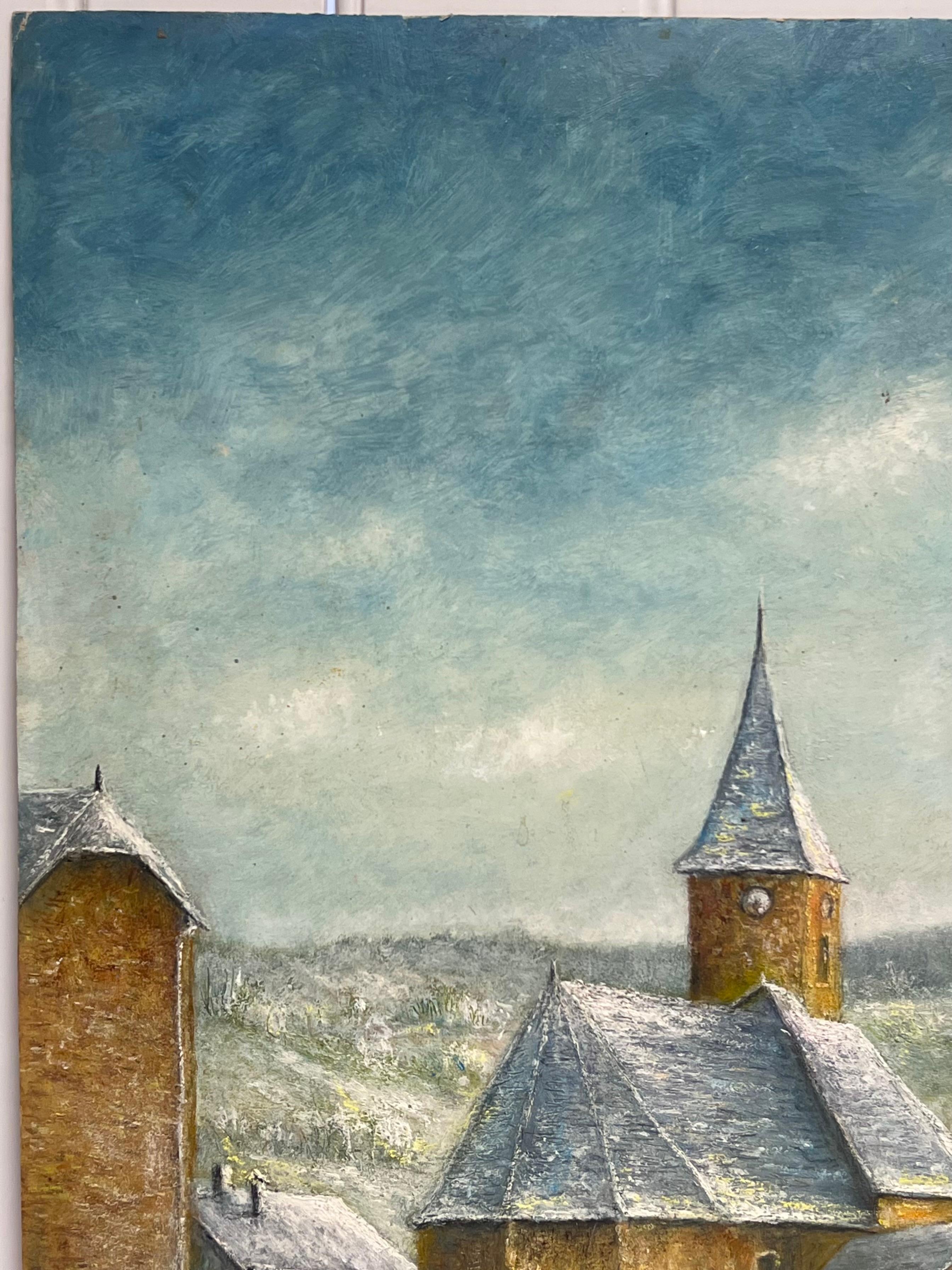 Toit d'église couvert de neige A.I.C. peinture à l'huile paysage de village du 20e siècle en vente 4