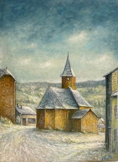 Toit d'église couvert de neige A.I.C. peinture à l'huile paysage de village du 20e siècle