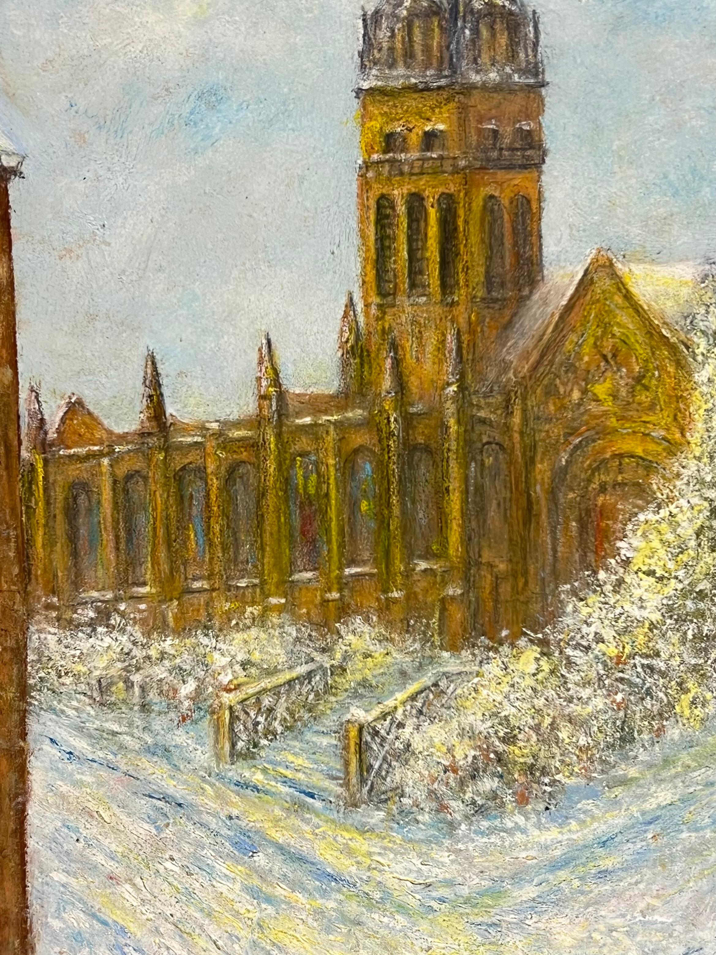 Schneebedeckte Straße, die zum Church's Yard führt Winter-Öl-Landschaftsgemälde (Französische Schule), Painting, von Jean Fourie