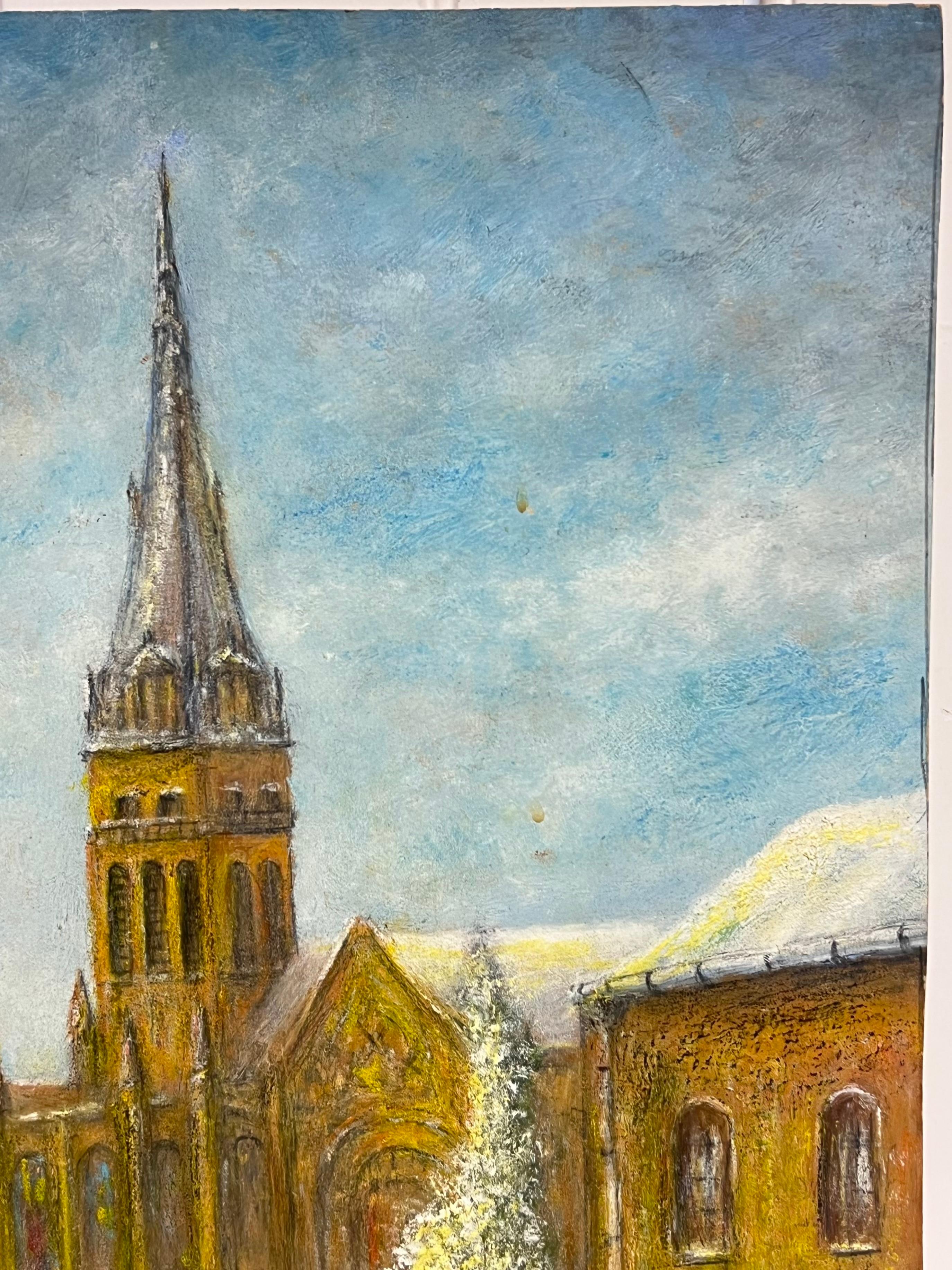 Winterliche Church's-Landschaft 
von Jean Fourie (1927-2015), unterzeichnet
Französischer Künstler, der in der Champagne malt
Ölgemälde auf dünnem Karton, ungerahmt
Brett: 18 x 13 Zoll
Zustand: die vier Ecken des Kartons sind leicht angeknabbert,