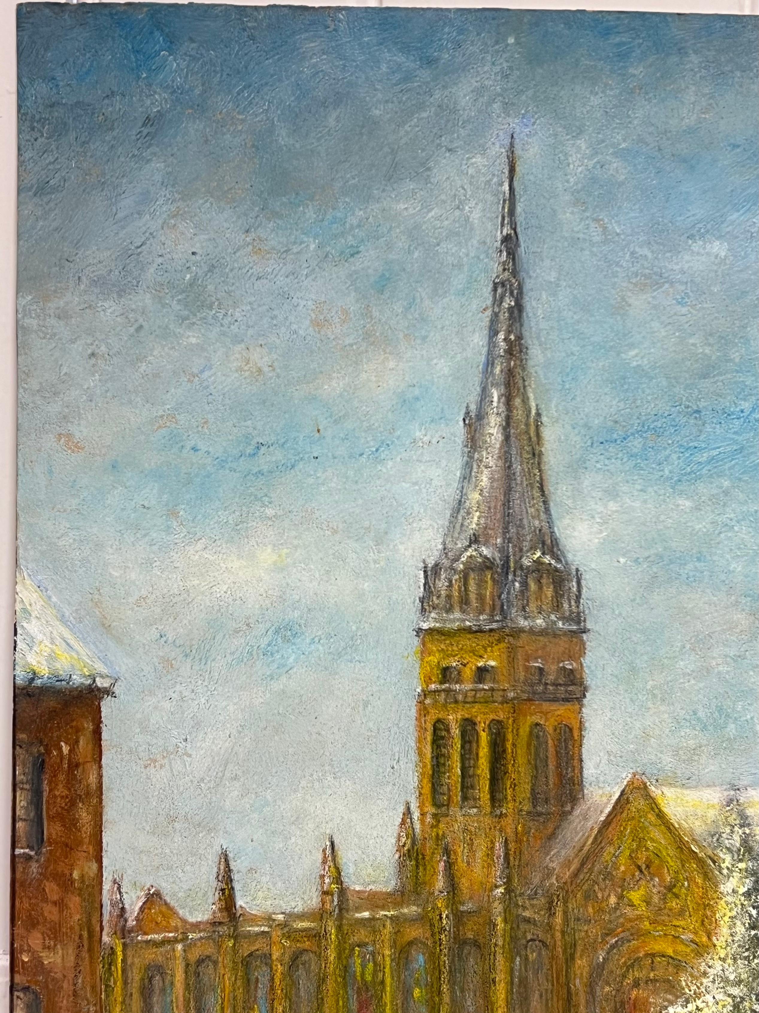 Schneebedeckte Straße, die zum Church's Yard führt Winter-Öl-Landschaftsgemälde im Angebot 1
