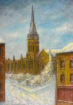 Rue enneigée menant à la cour de l'église A Winter Oil Landscape Painting
